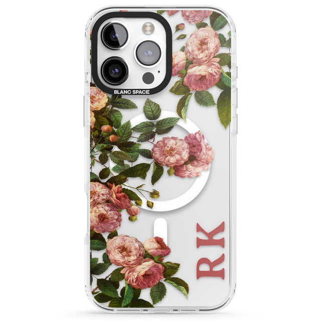 iPhone 16 Pro Max Personalised Clear Vintage Floral Pink Garden Roses Black Impact Phone Case