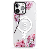 iPhone 16 Pro Max Personalised Cherry Blossoms with Text Black Impact Phone Case