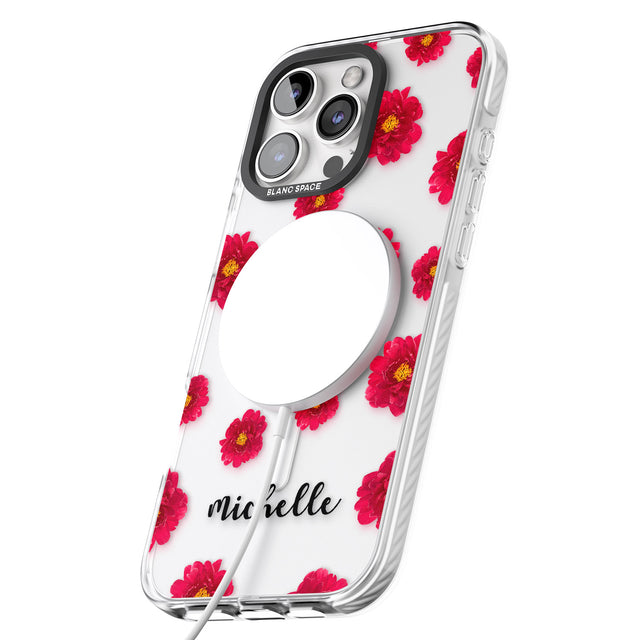 iPhone 16 Pro Max Personalised Red Peonies & Cursive Black Impact Phone Case