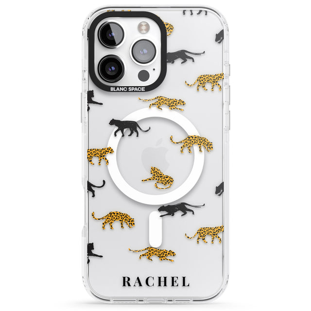 iPhone 16 Pro Max Personalised Jaguar Pattern on Transparent Black Impact Phone Case