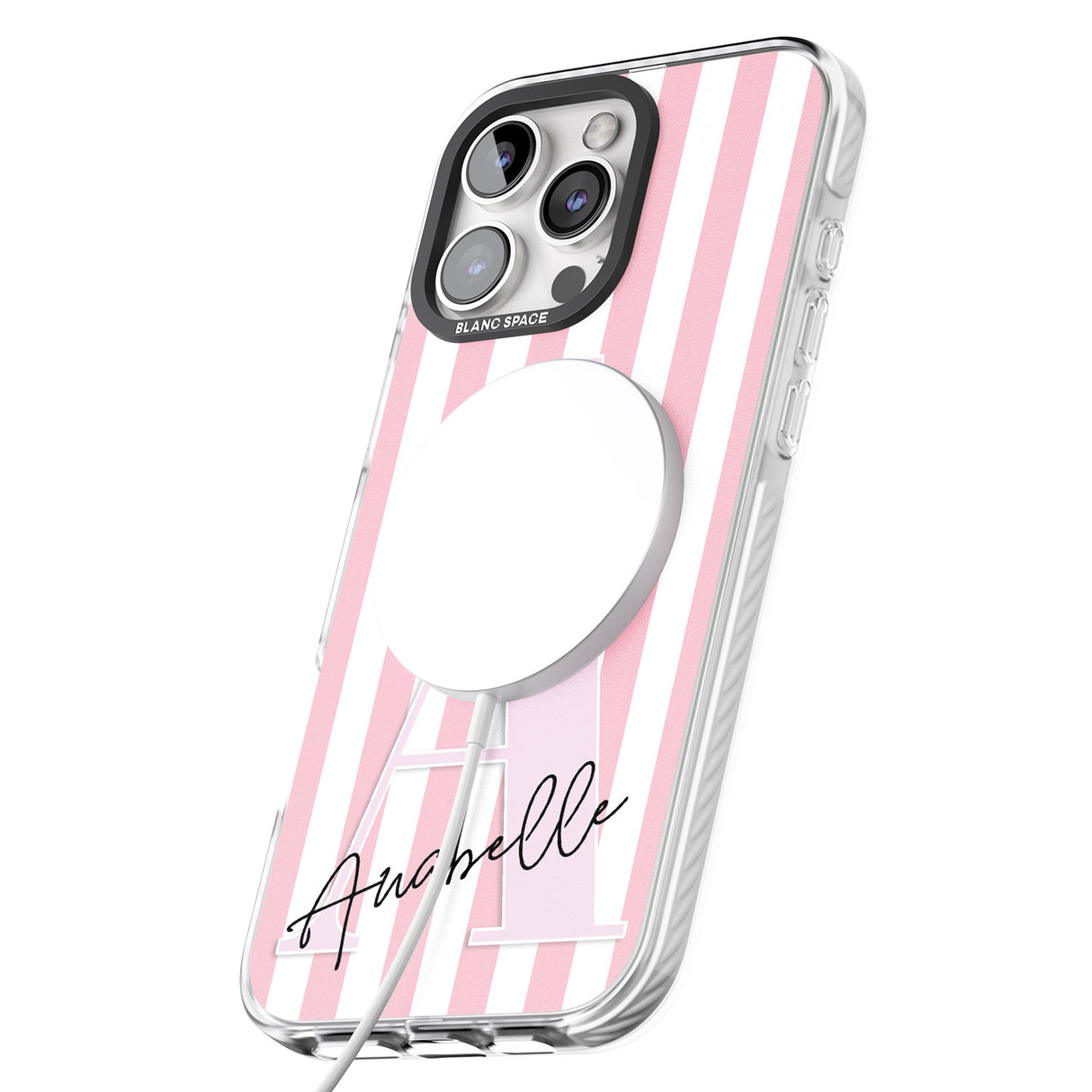 iPhone 16 Pro Max Personalised Pink Stripes & Large Monogram Black Impact Phone Case