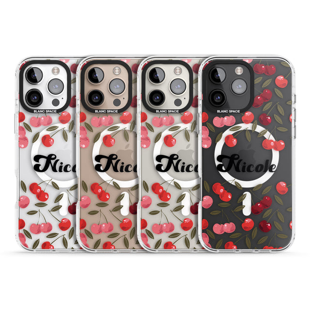 iPhone 16 Pro Max Personalised Cherry Pattern Black Impact Phone Case + Magsafe