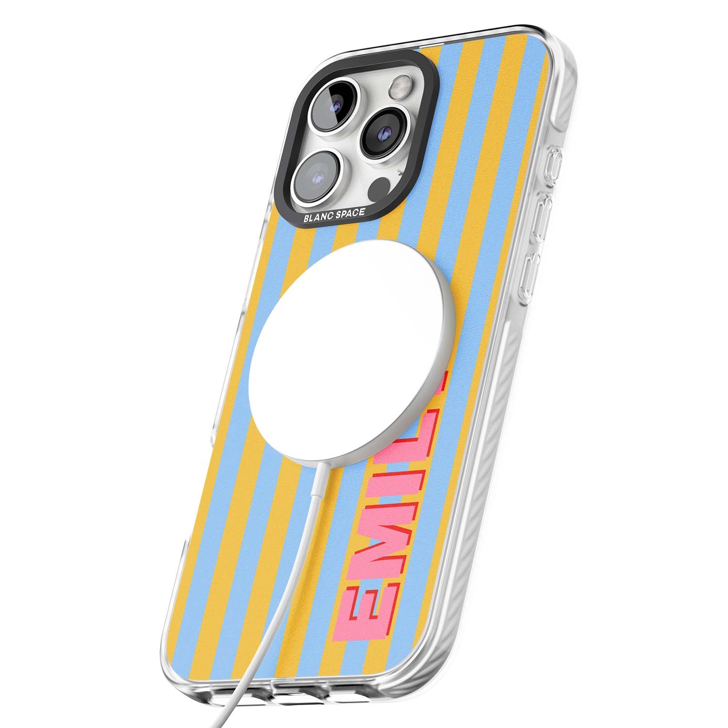 Carribean Stripe personalised coastal iPhone case with yellow and blue vertical stripes and a custom pink name | Impact Magsafe case for iPhone 16 Pro, iPhone 16 Pro Max