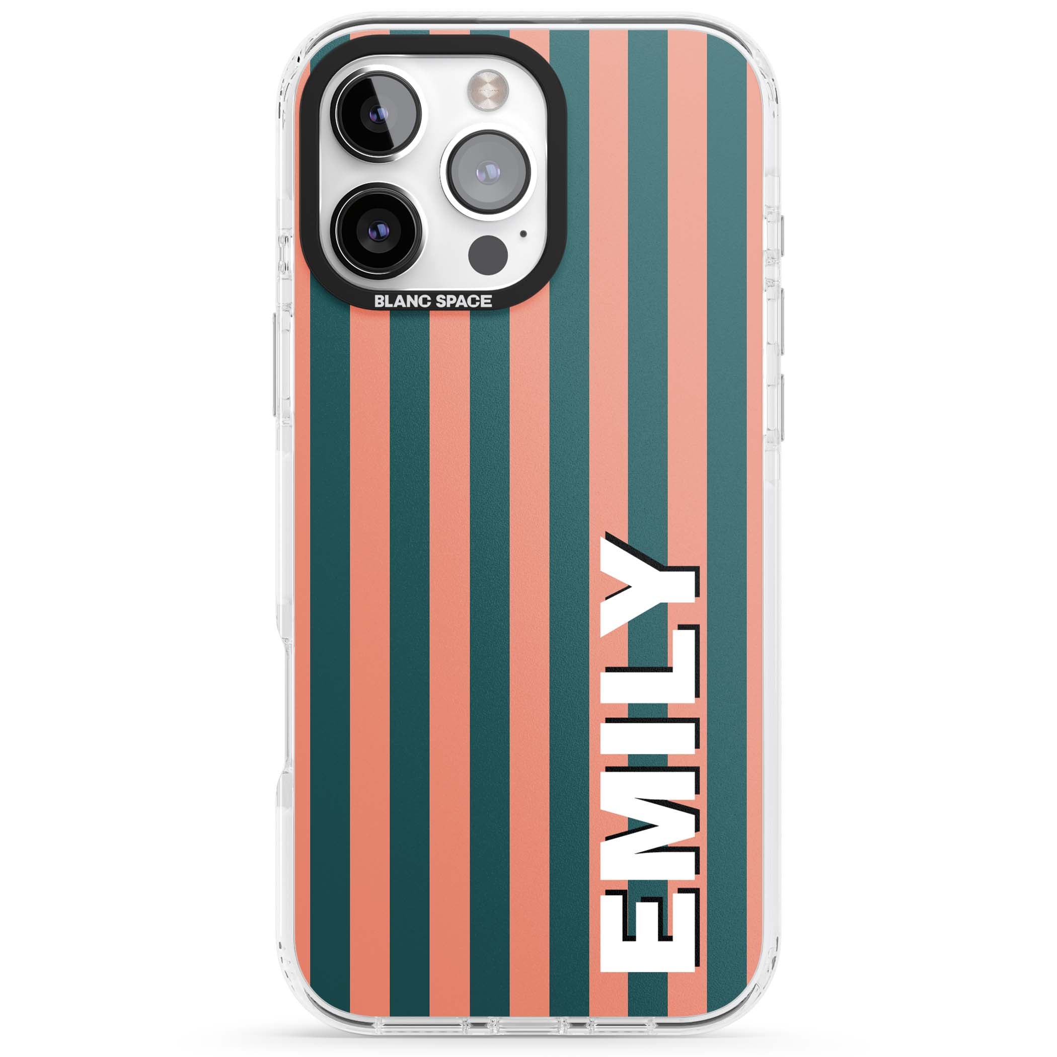 Tuscan Stripe personalised iPhone case featuring coral and green vertical stripes with bold custom name | Impact Magsafe case for iPhone 16 Pro, iPhone 16 Pro Max