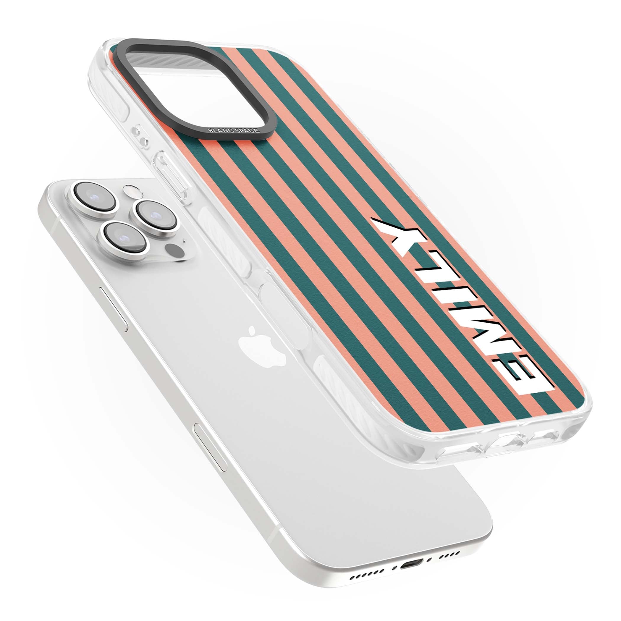 Tuscan Stripe personalised iPhone case featuring coral and green vertical stripes with bold custom name | Impact Magsafe case for iPhone 16 Pro, iPhone 16 Pro Max