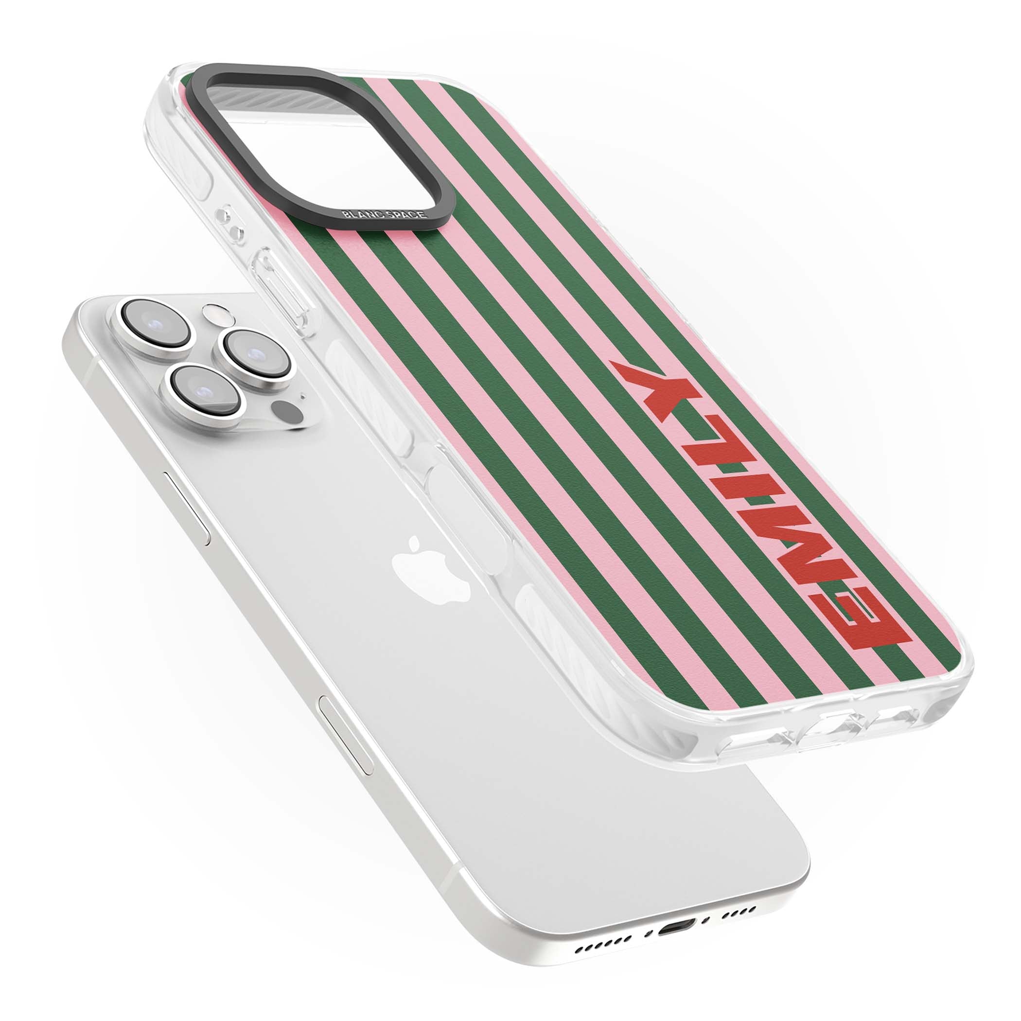 Italian Stripe preppy iPhone case featuring pink and green vertical stripes with personalised red name | Impact Magsafe case for iPhone 16 Pro, iPhone 16 Pro Max