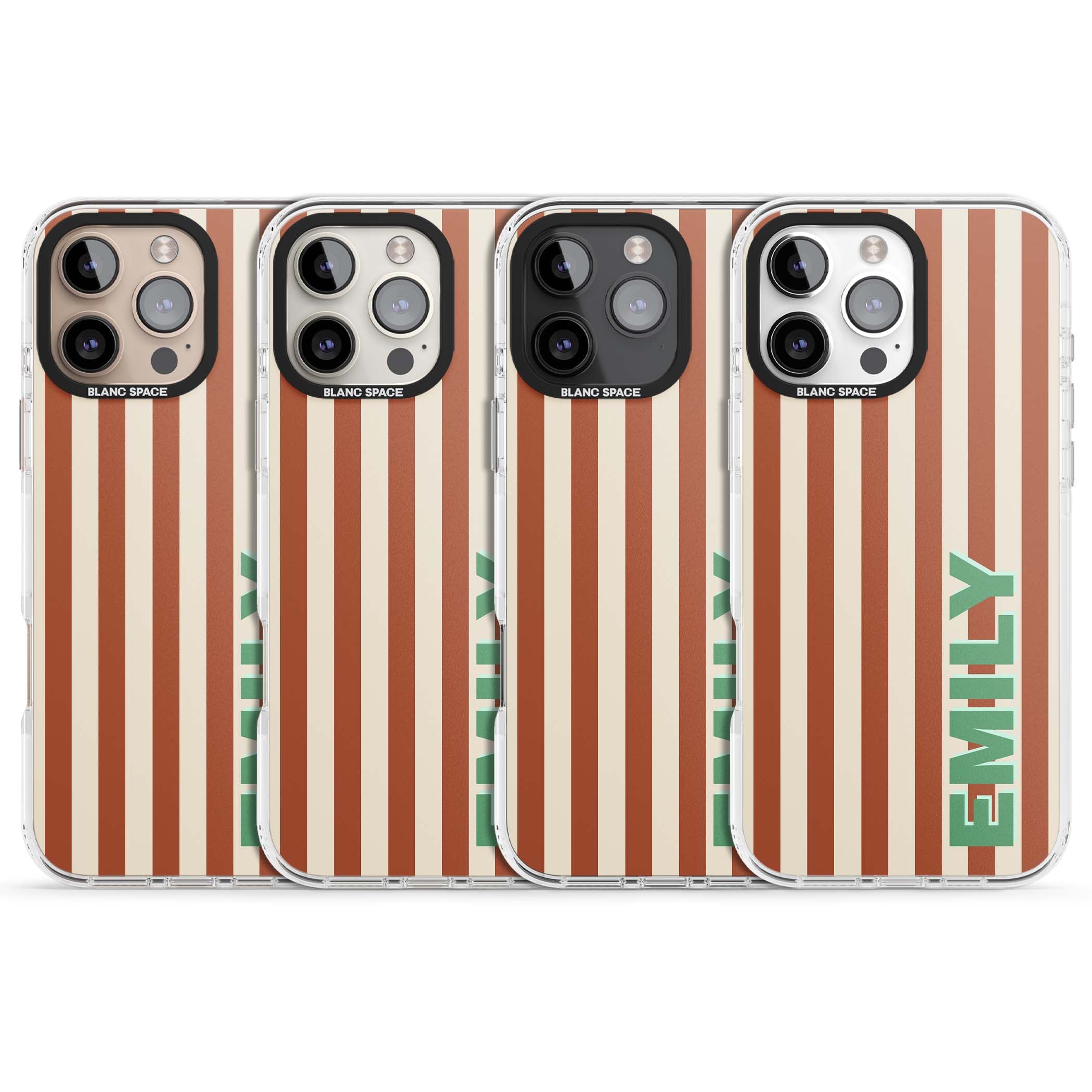 Dune Stripe personalised iPhone case with rust and cream vertical stripes and custom name in mint green | Impact Magsafe case for iPhone 16 Pro, iPhone 16 Pro Max