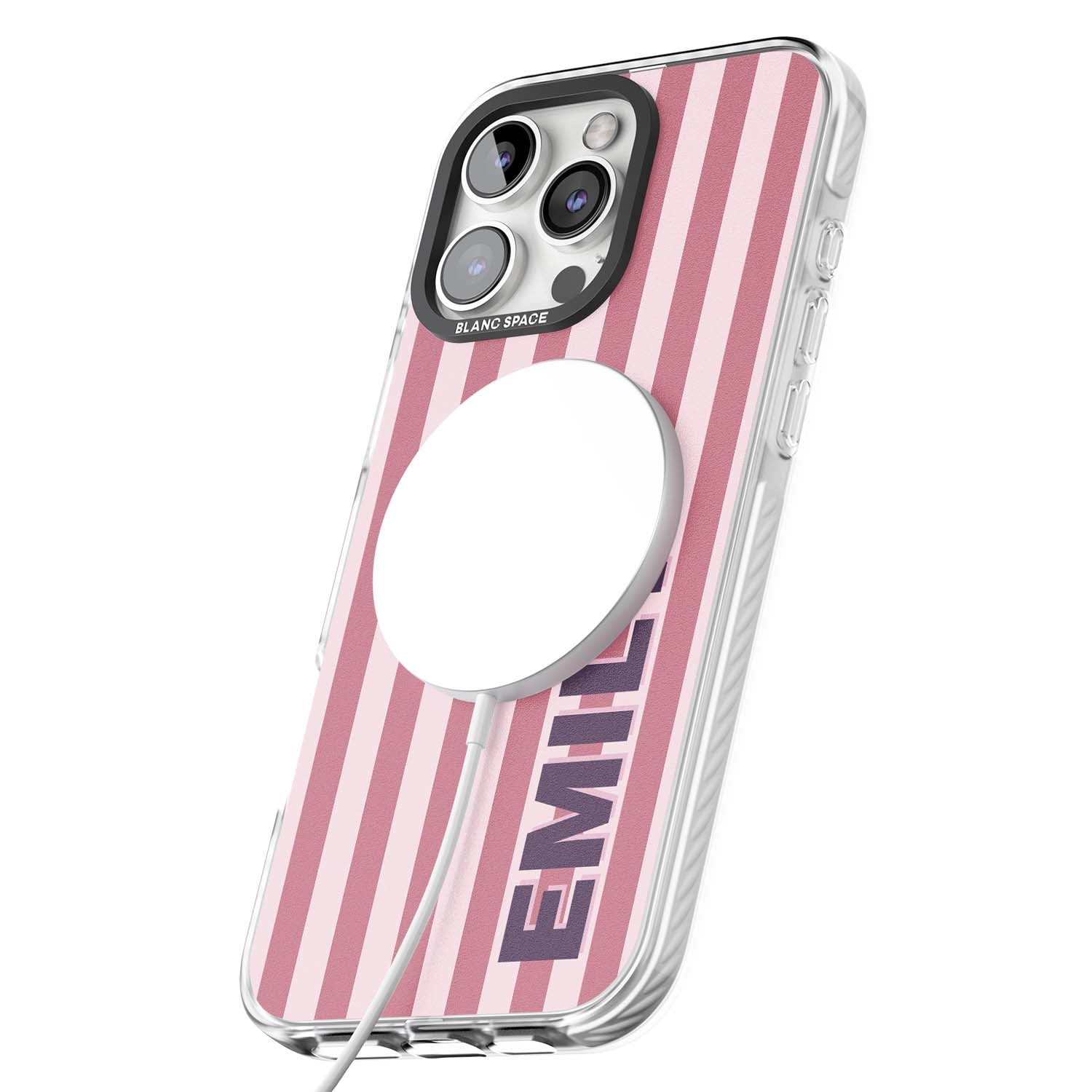 Victoria Stripe personalised iPhone case featuring pink vertical stripes and custom name in bold plum lettering | Impact Magsafe case for iPhone 16 Pro, iPhone 16 Pro Max