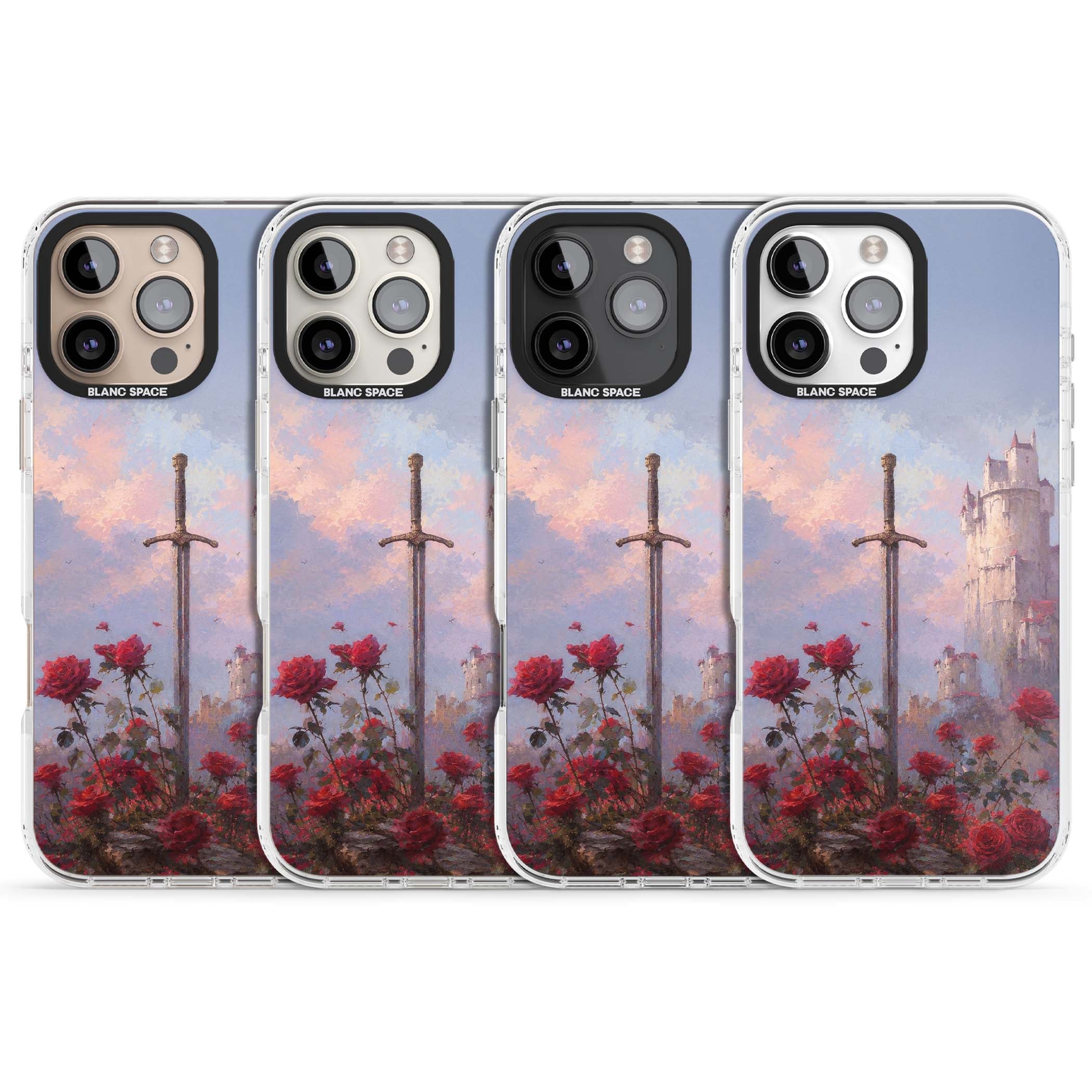 Sword in Roses medieval art iPhone case featuring a sword, red roses, and a misty fairytale castle at sunset | Impact Magsafe case for iPhone 16 Pro, iPhone 16 Pro Max