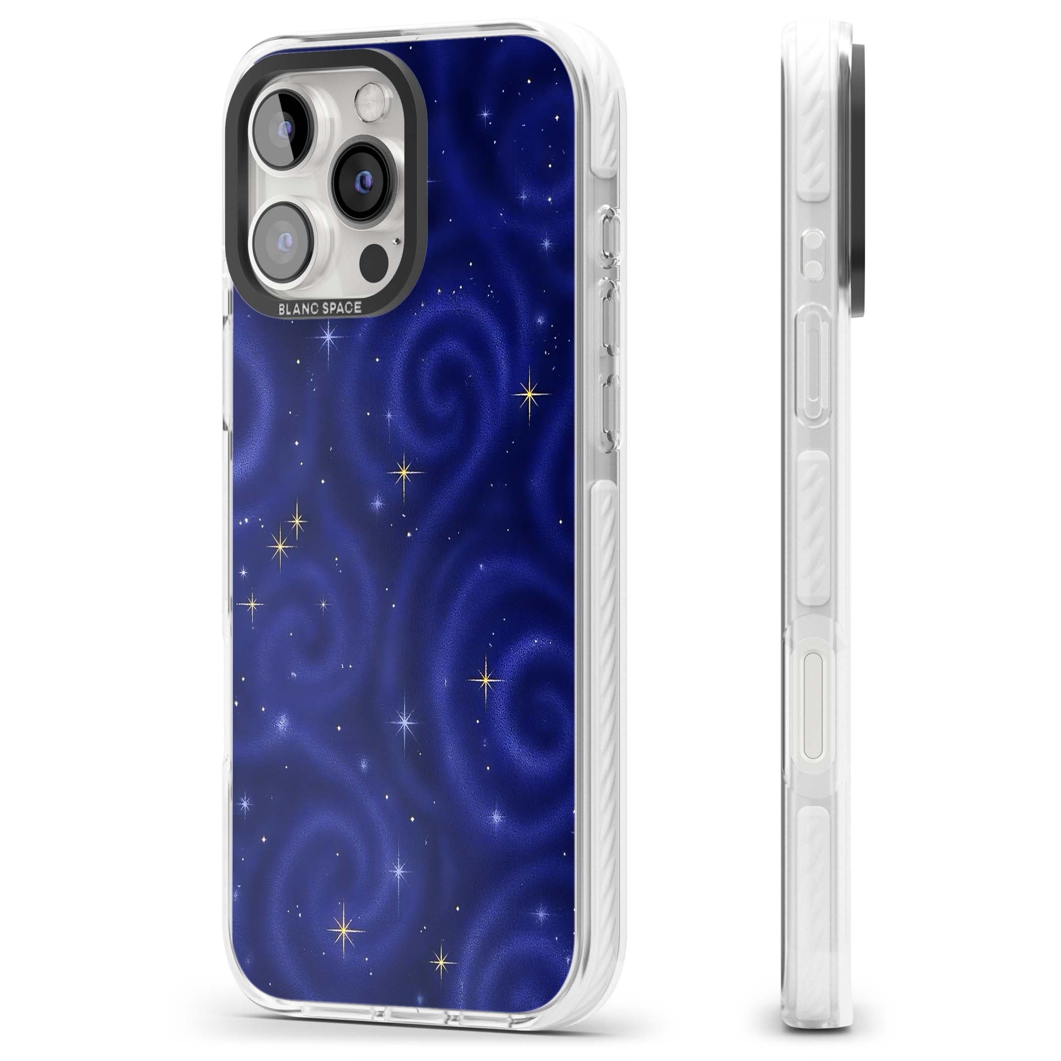 Indigo Cosmos celestial iPhone case featuring swirling navy night sky and sparkling golden stars | Impact Magsafe case for iPhone 16 Pro, iPhone 16 Pro Max