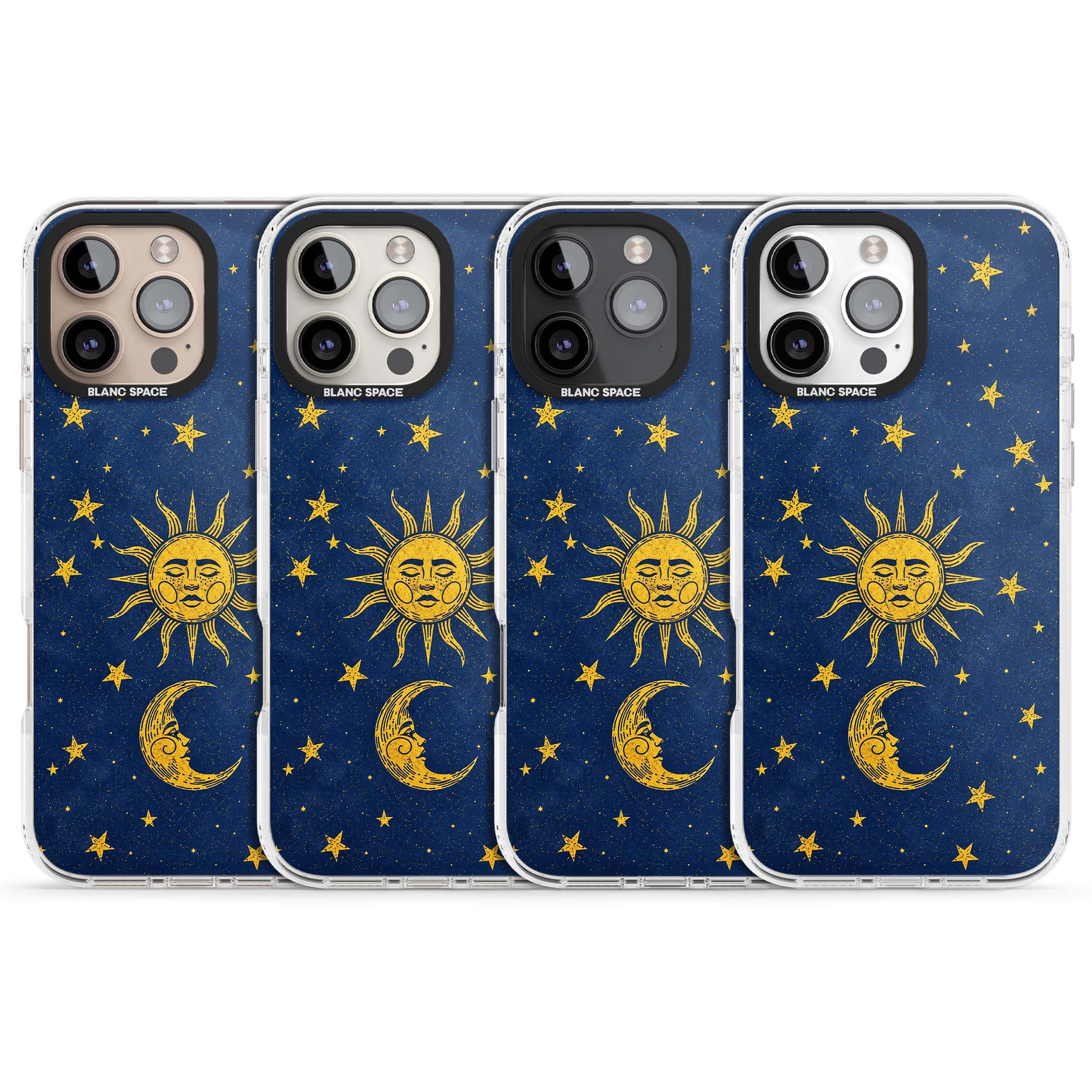 Sun & Moon Reverie celestial iPhone case featuring a vintage golden sun, crescent moon and scattered stars on midnight blue | Impact Magsafe case for iPhone 16 Pro, iPhone 16 Pro Max