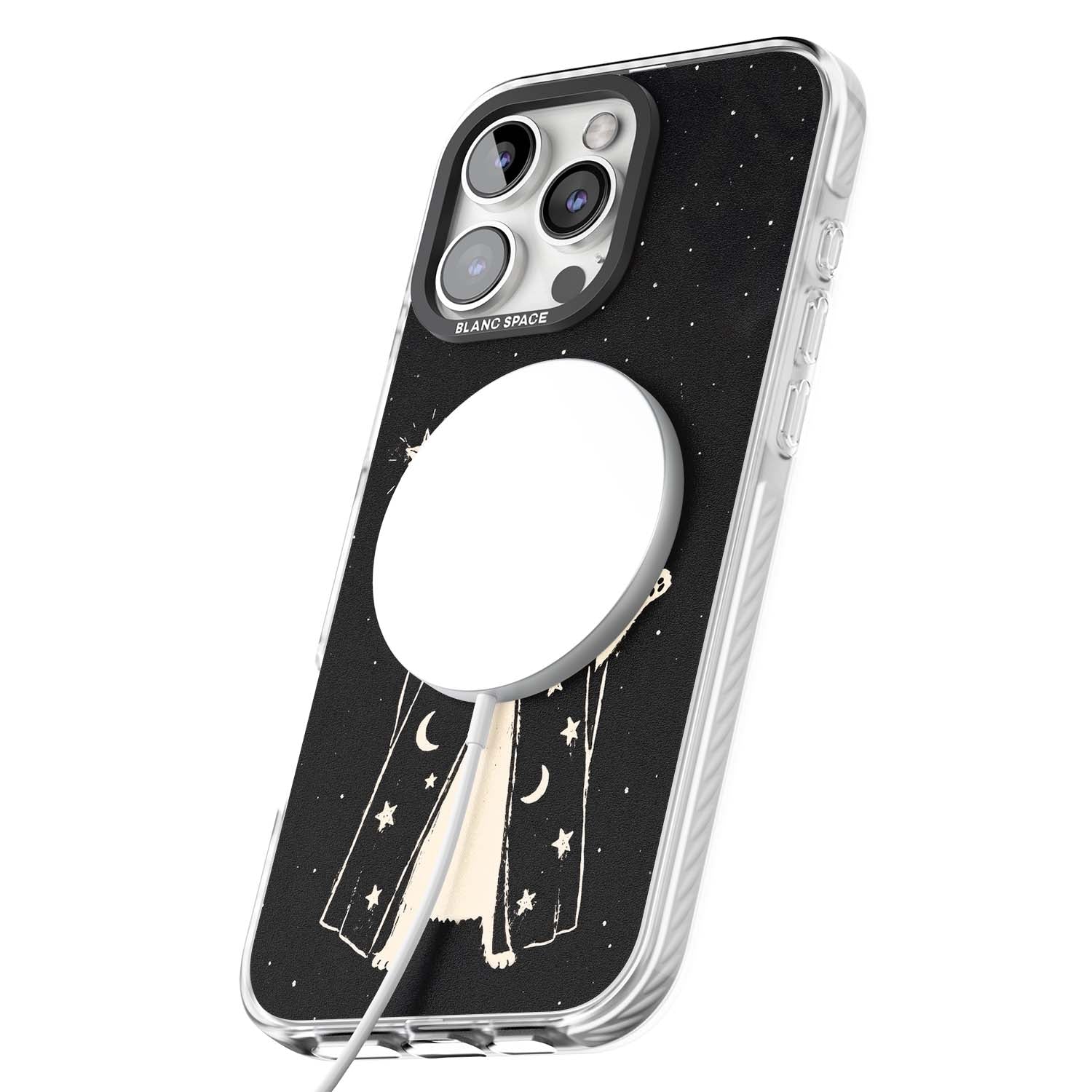 Whisker Wizard celestial cat iPhone case featuring a wizard cat with magic wand, starry night sky and crescent moons | Impact Magsafe case for iPhone 16 Pro, iPhone 16 Pro Max