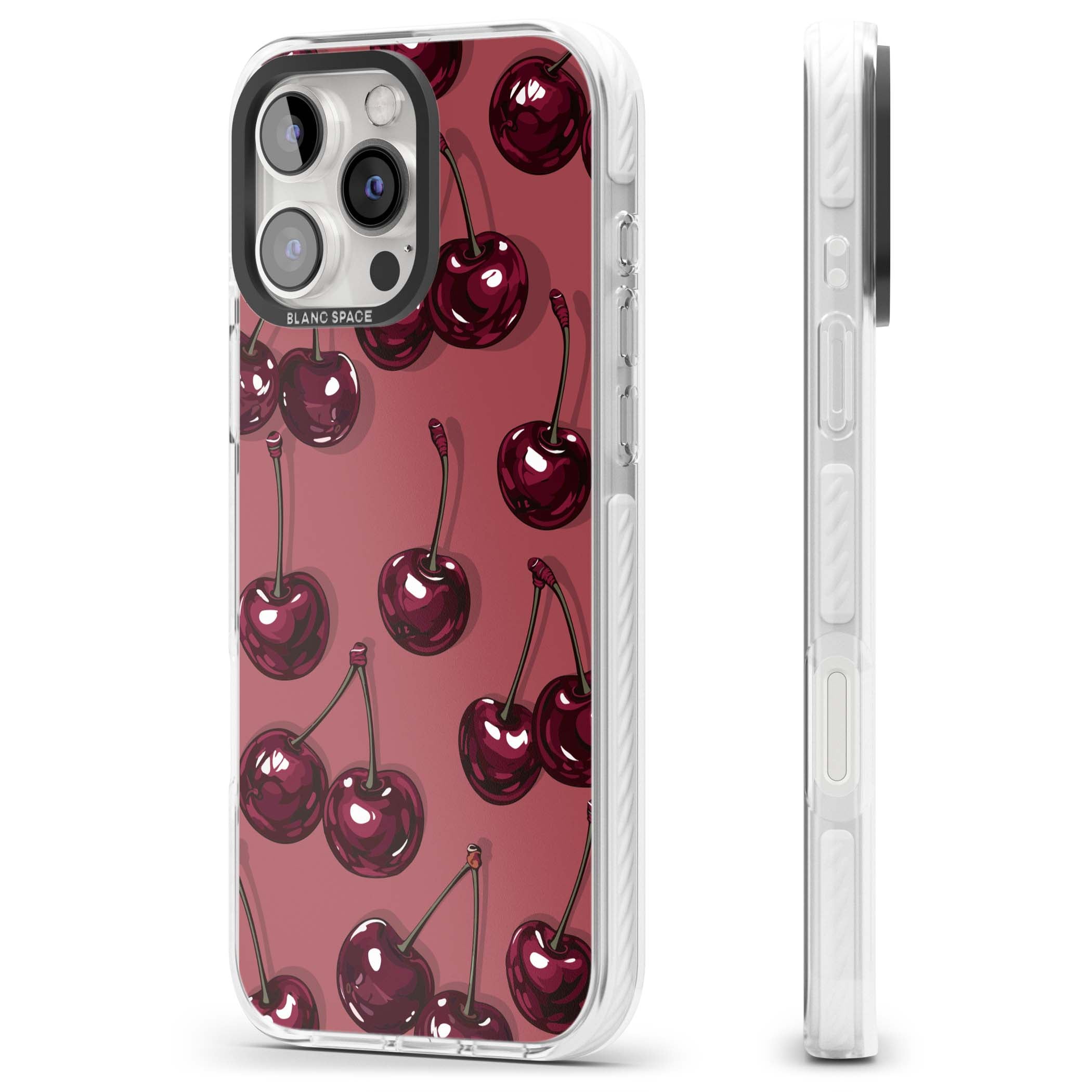 Cherry Rebel coquette iPhone case featuring glossy burgundy cherries on a dusty rose background | Impact Magsafe case for iPhone 16 Pro, iPhone 16 Pro Max