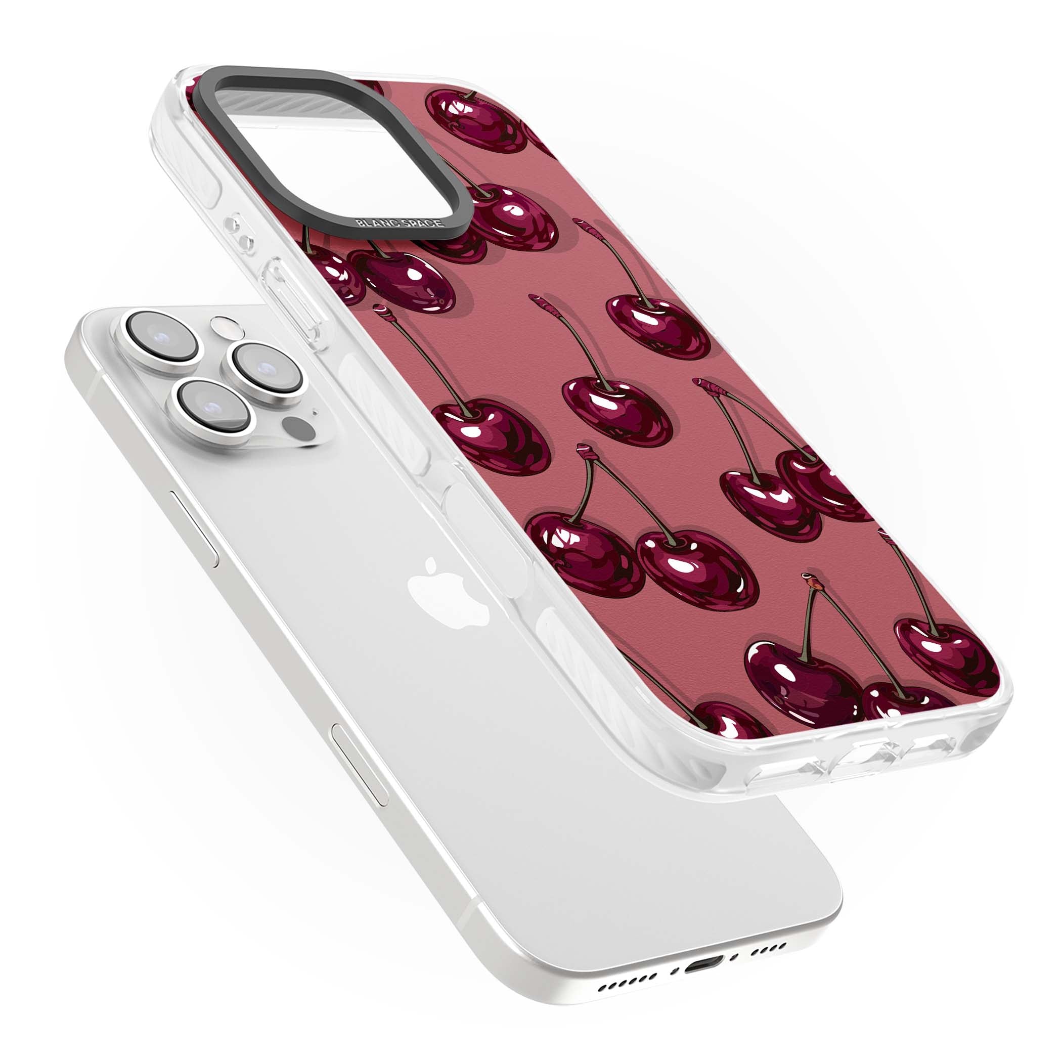 Cherry Rebel coquette iPhone case featuring glossy burgundy cherries on a dusty rose background | Impact Magsafe case for iPhone 16 Pro, iPhone 16 Pro Max