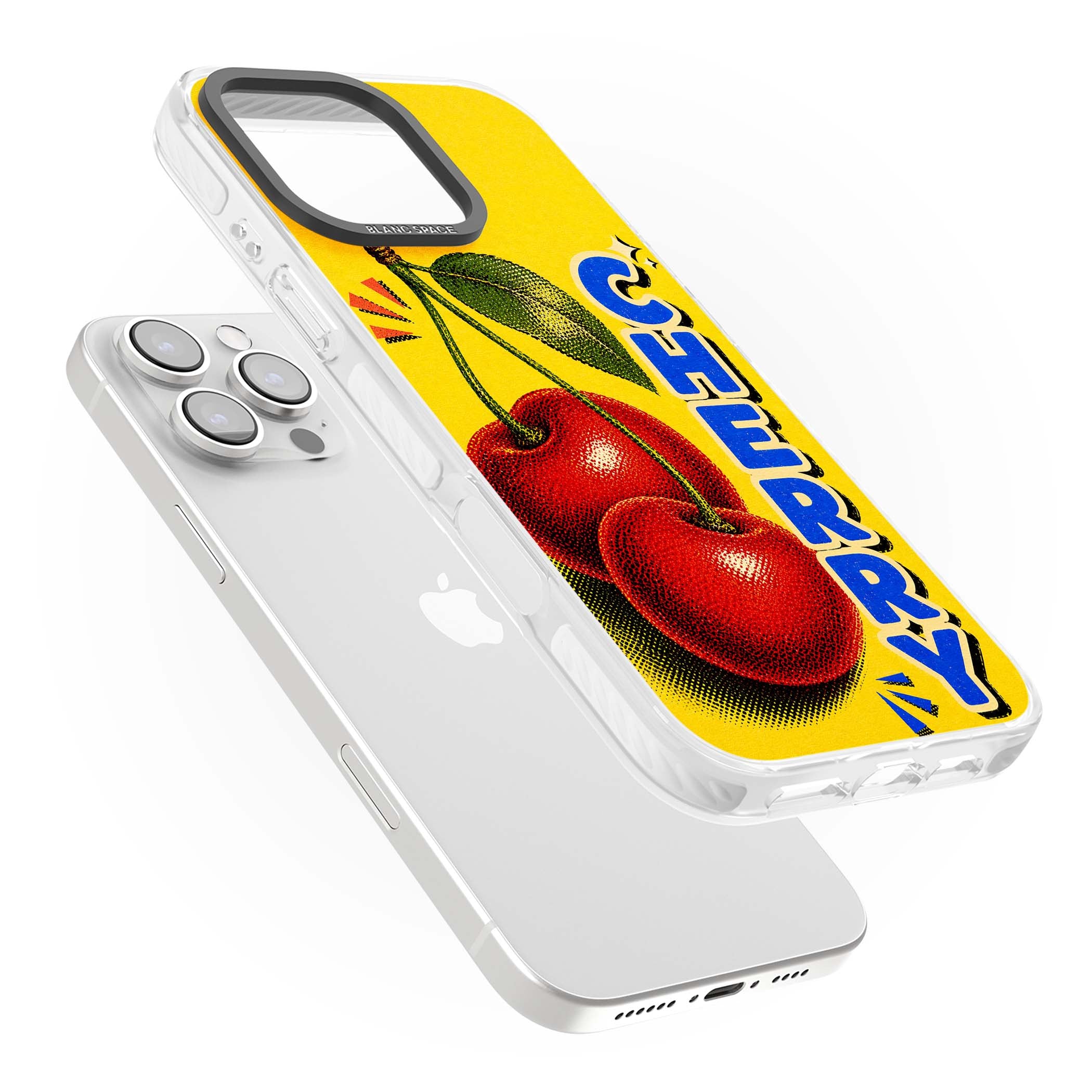 Cherry Yellow y2k iPhone case featuring two red cherries, halftone shading and bold blue CHERRY lettering on yellow | Impact Magsafe case for iPhone 16 Pro, iPhone 16 Pro Max