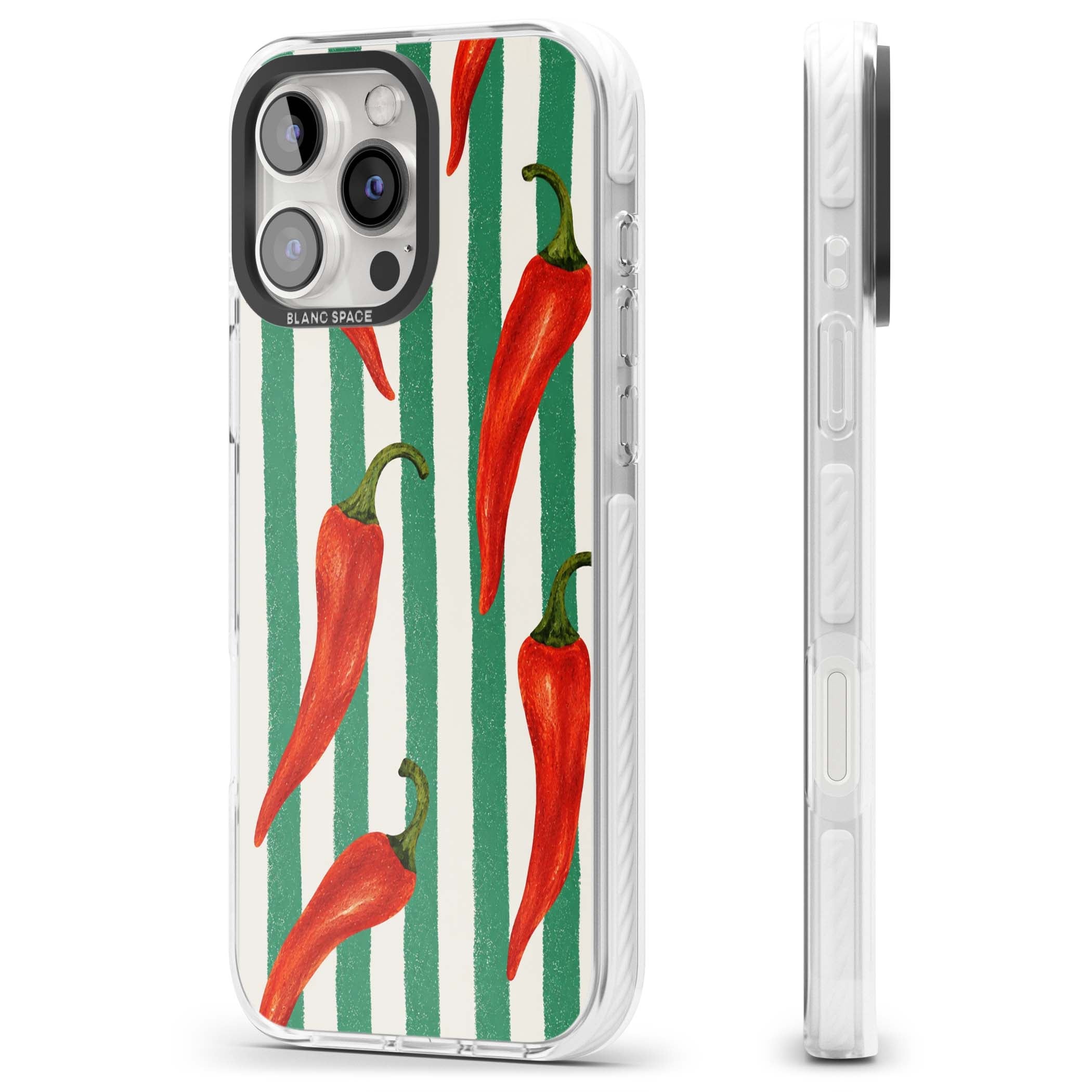 Striped Chillis coastal iPhone case featuring hand-painted red chili peppers on green and cream stripes | Impact Magsafe case for iPhone 16 Pro, iPhone 16 Pro Max