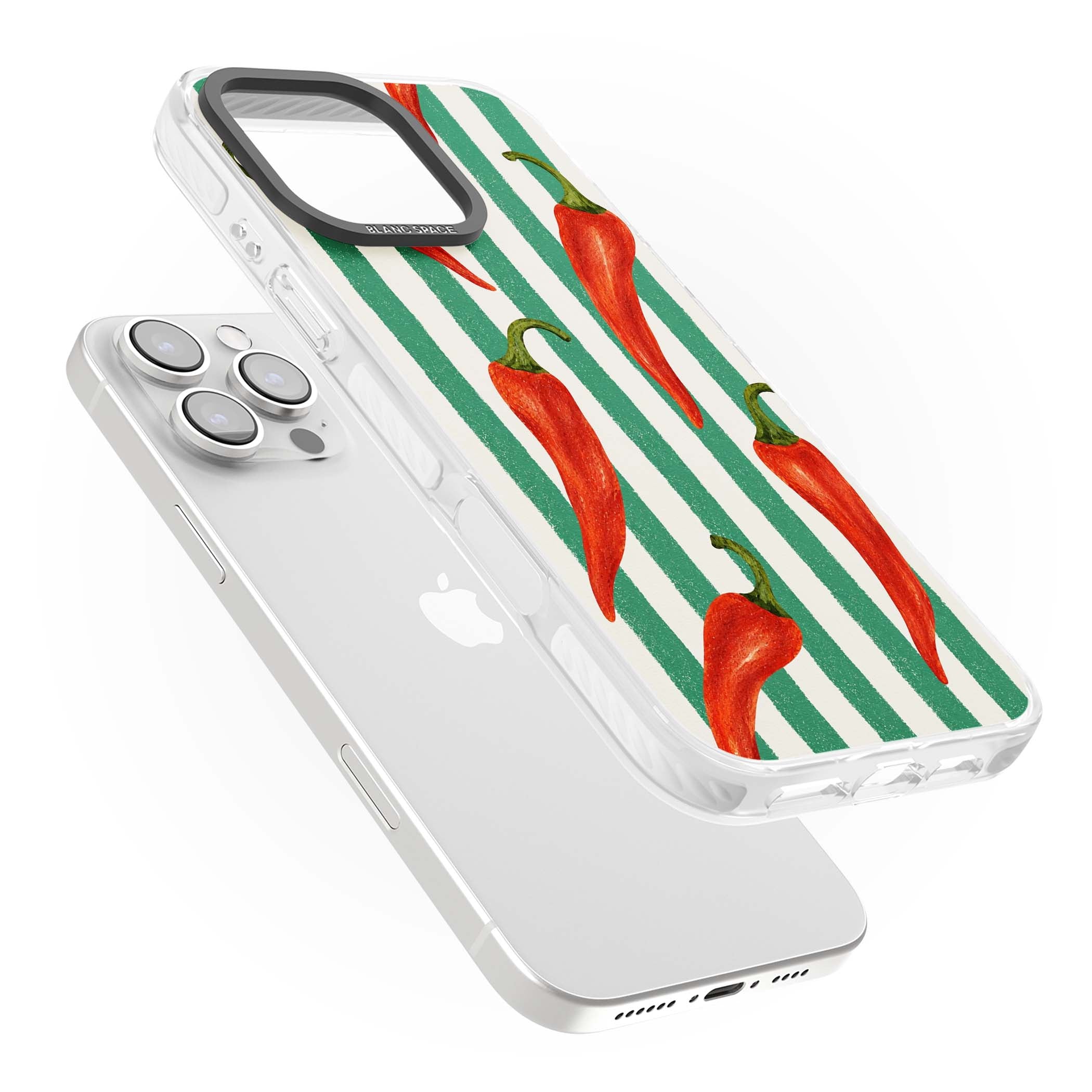 Striped Chillis coastal iPhone case featuring hand-painted red chili peppers on green and cream stripes | Impact Magsafe case for iPhone 16 Pro, iPhone 16 Pro Max