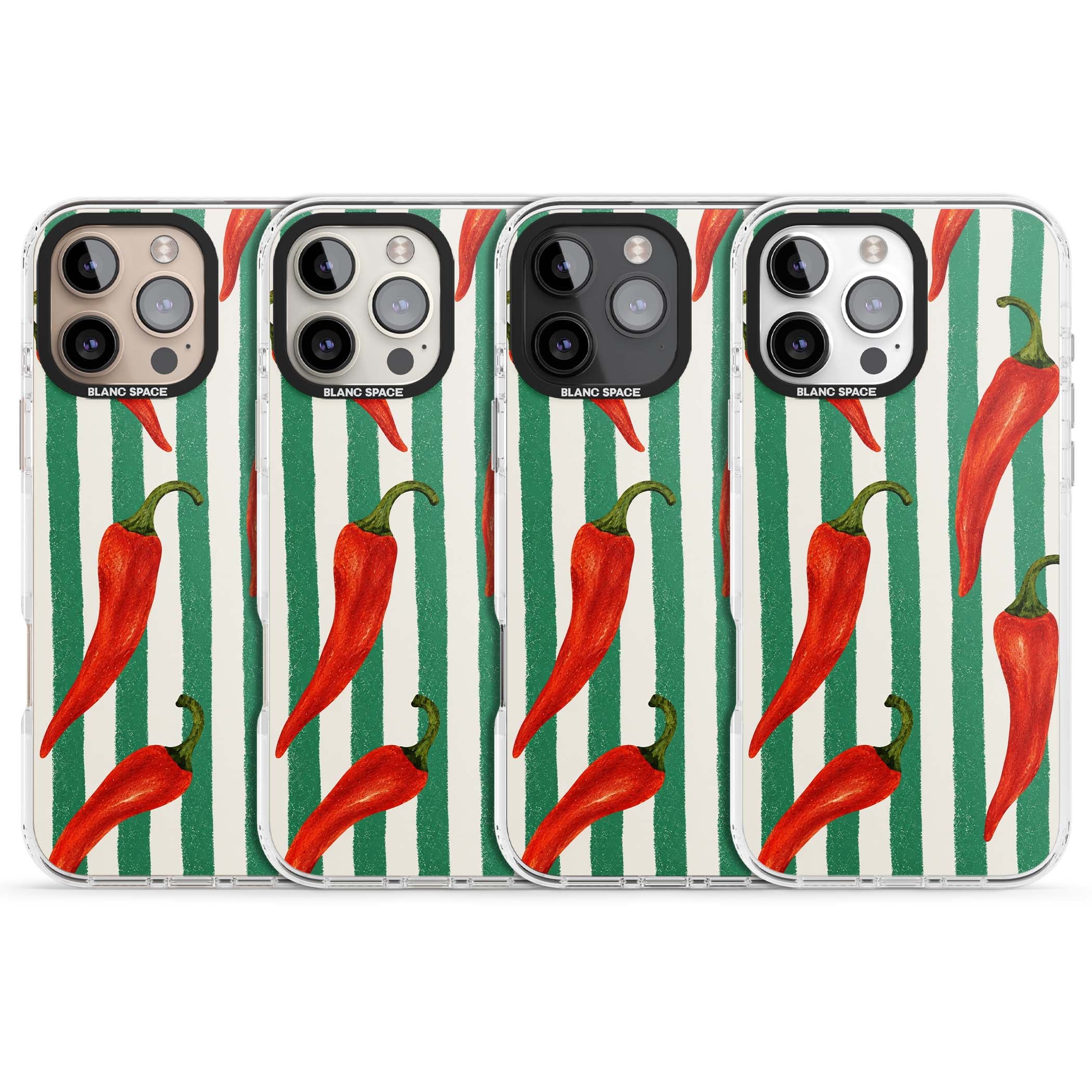 Striped Chillis coastal iPhone case featuring hand-painted red chili peppers on green and cream stripes | Impact Magsafe case for iPhone 16 Pro, iPhone 16 Pro Max