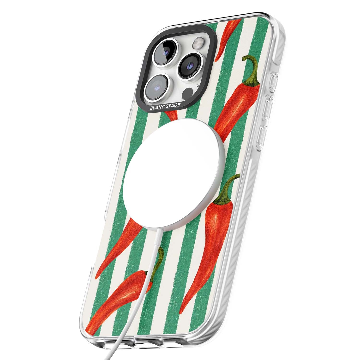 Striped Chillis coastal iPhone case featuring hand-painted red chili peppers on green and cream stripes | Impact Magsafe case for iPhone 16 Pro, iPhone 16 Pro Max
