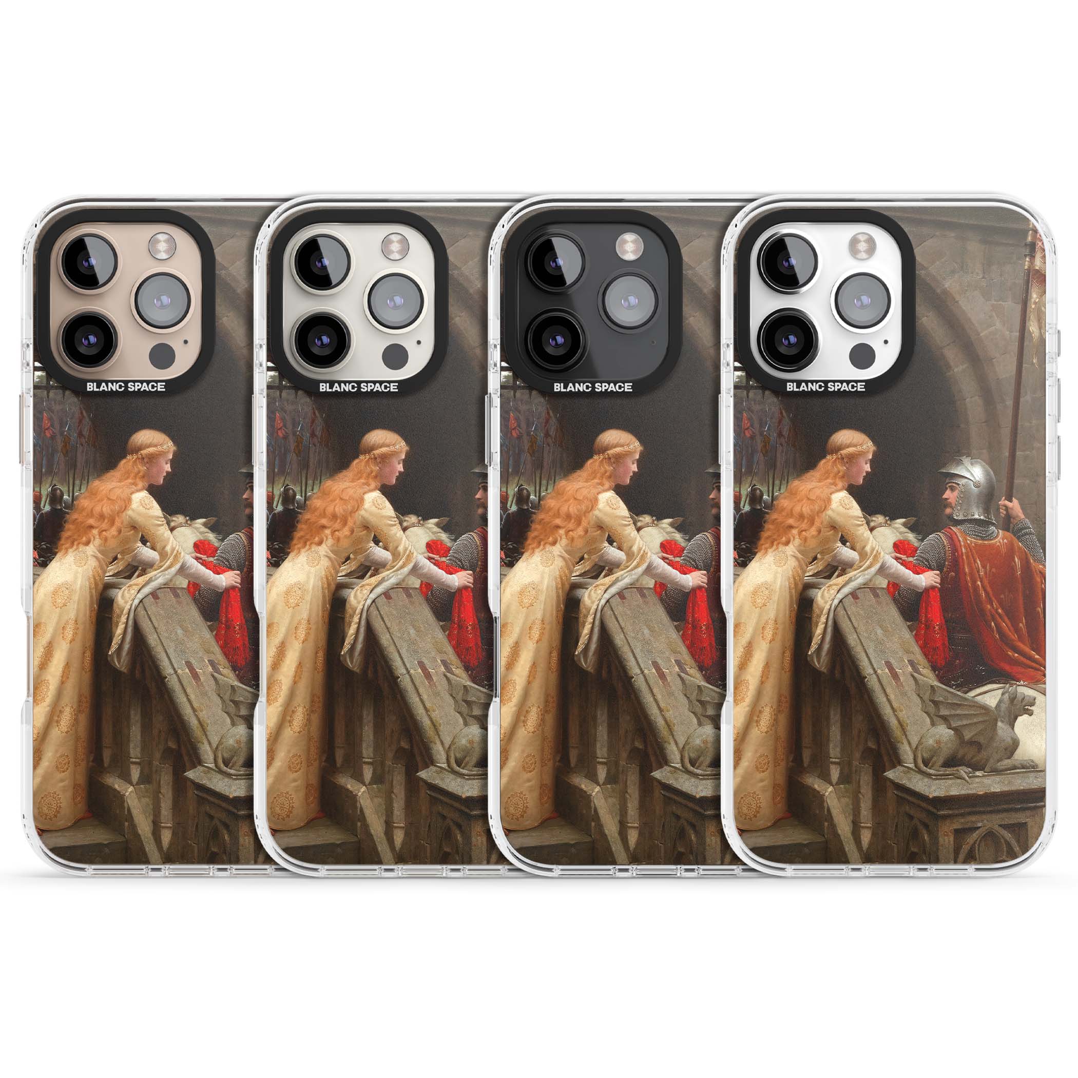God Speed fine art iPhone case featuring Edmund Blair Leighton's medieval knight and lady beneath a stone archway | Impact Magsafe case for iPhone 16 Pro, iPhone 16 Pro Max