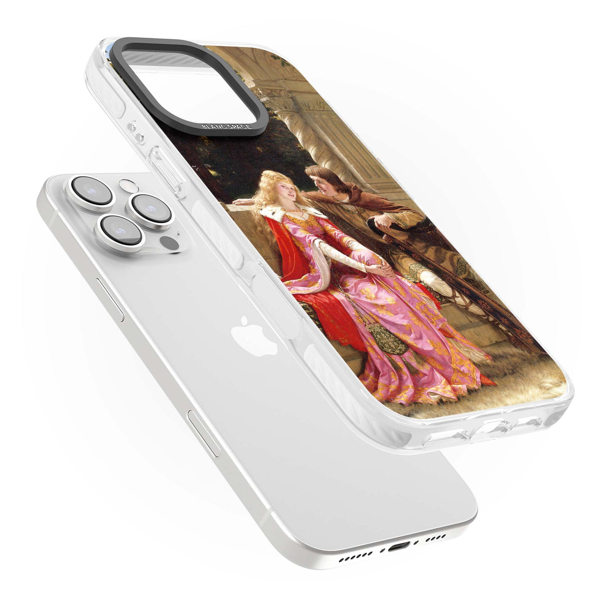The End of the Song classic art iPhone case featuring a medieval lady in pink gown and her knight in a stone archway | Impact Magsafe case for iPhone 16 Pro, iPhone 16 Pro Max