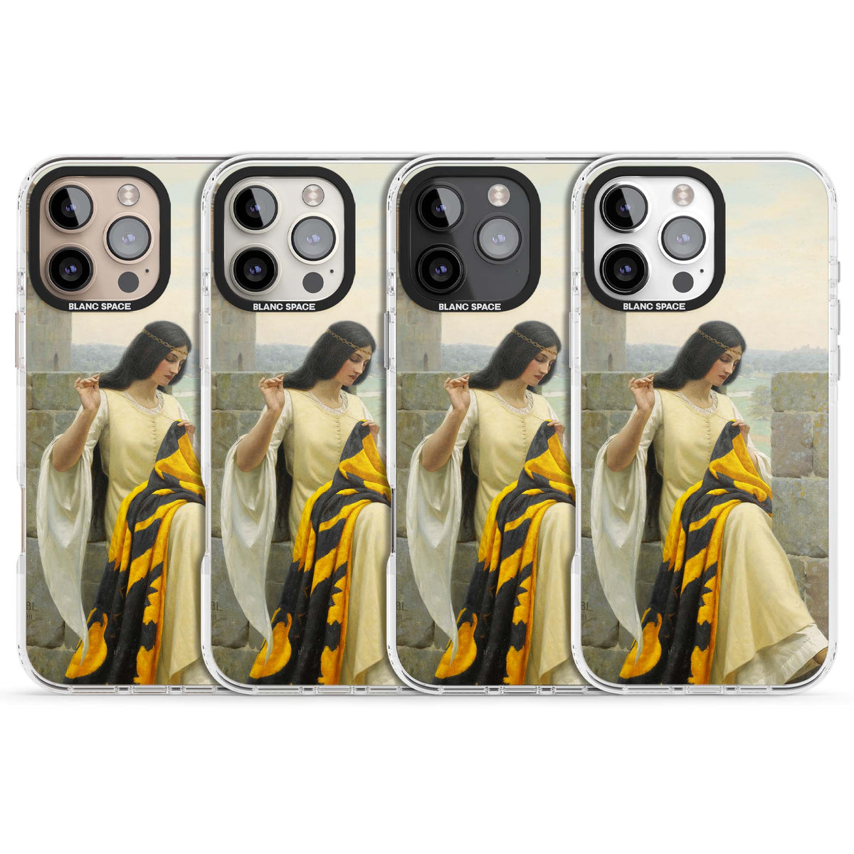 Stitching the Standard renaissance art iPhone case featuring a medieval lady sewing a golden banner on a castle wall | Impact Magsafe case for iPhone 16 Pro, iPhone 16 Pro Max