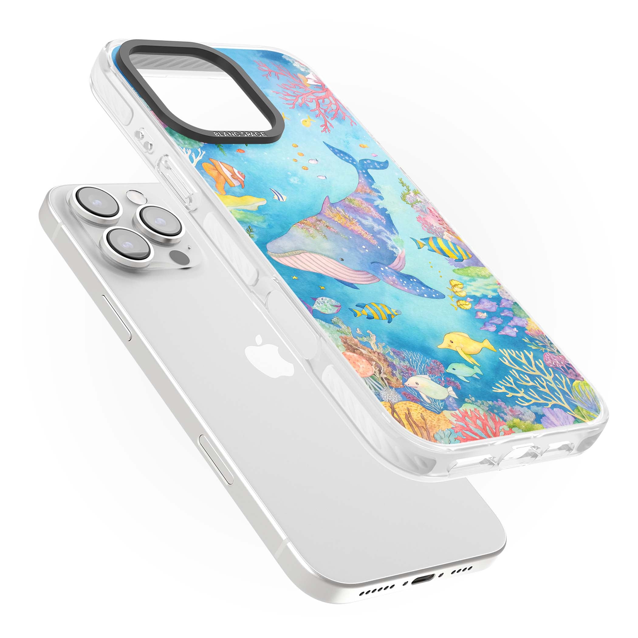 Coral Lagoon ocean iPhone case featuring a watercolour whale, coral reef and tropical fish | Impact Magsafe case for iPhone 16 Pro, iPhone 16 Pro Max