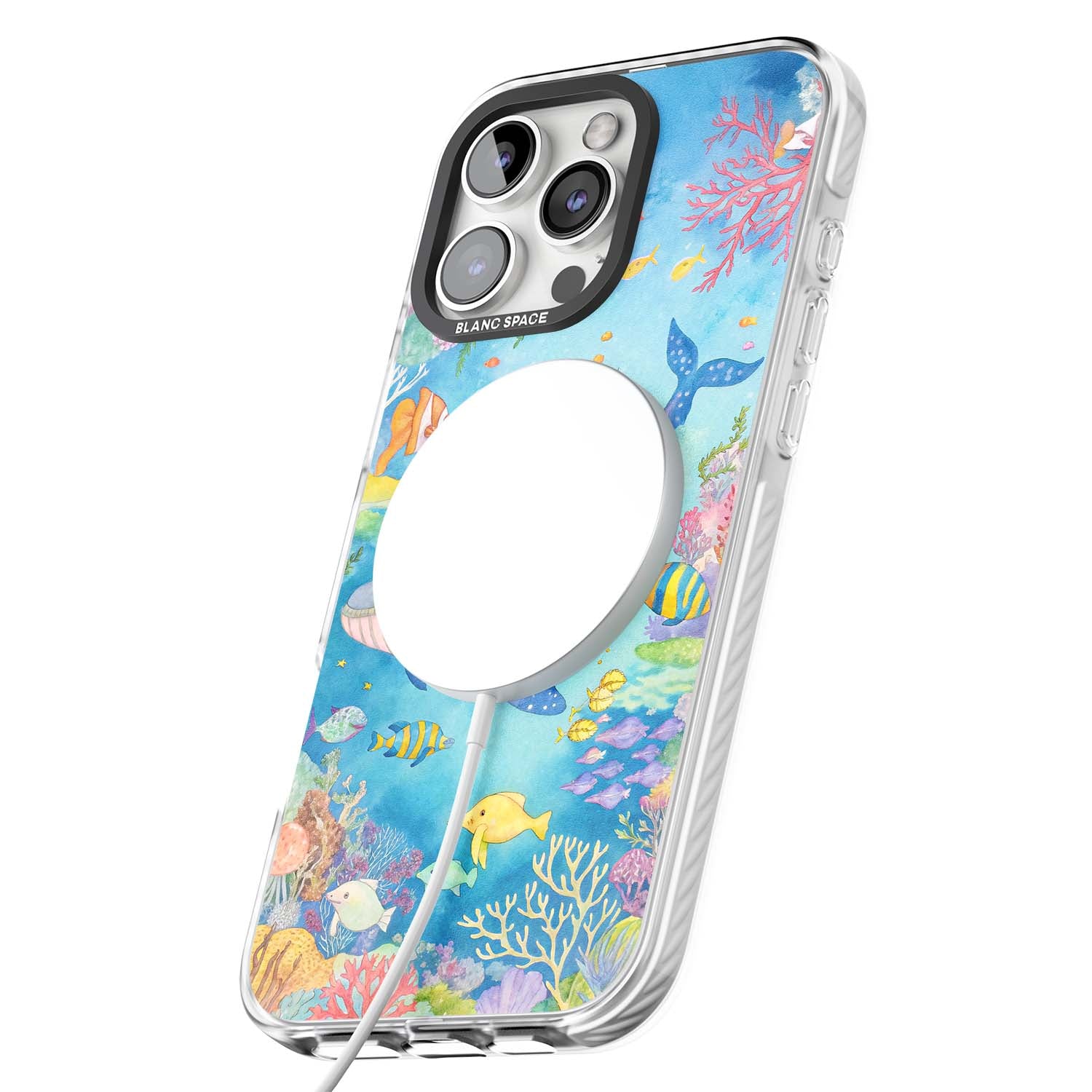 Coral Lagoon ocean iPhone case featuring a watercolour whale, coral reef and tropical fish | Impact Magsafe case for iPhone 16 Pro, iPhone 16 Pro Max