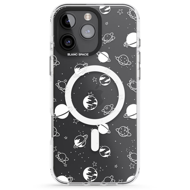 iPhone 16 Pro Max White Planets on Clear Black Impact Phone Case