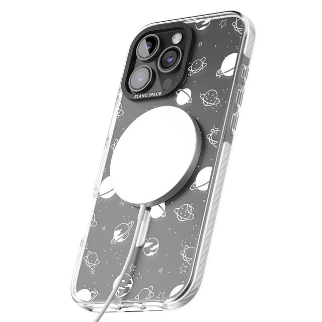 iPhone 16 Pro Max White Planets on Clear Black Impact Phone Case