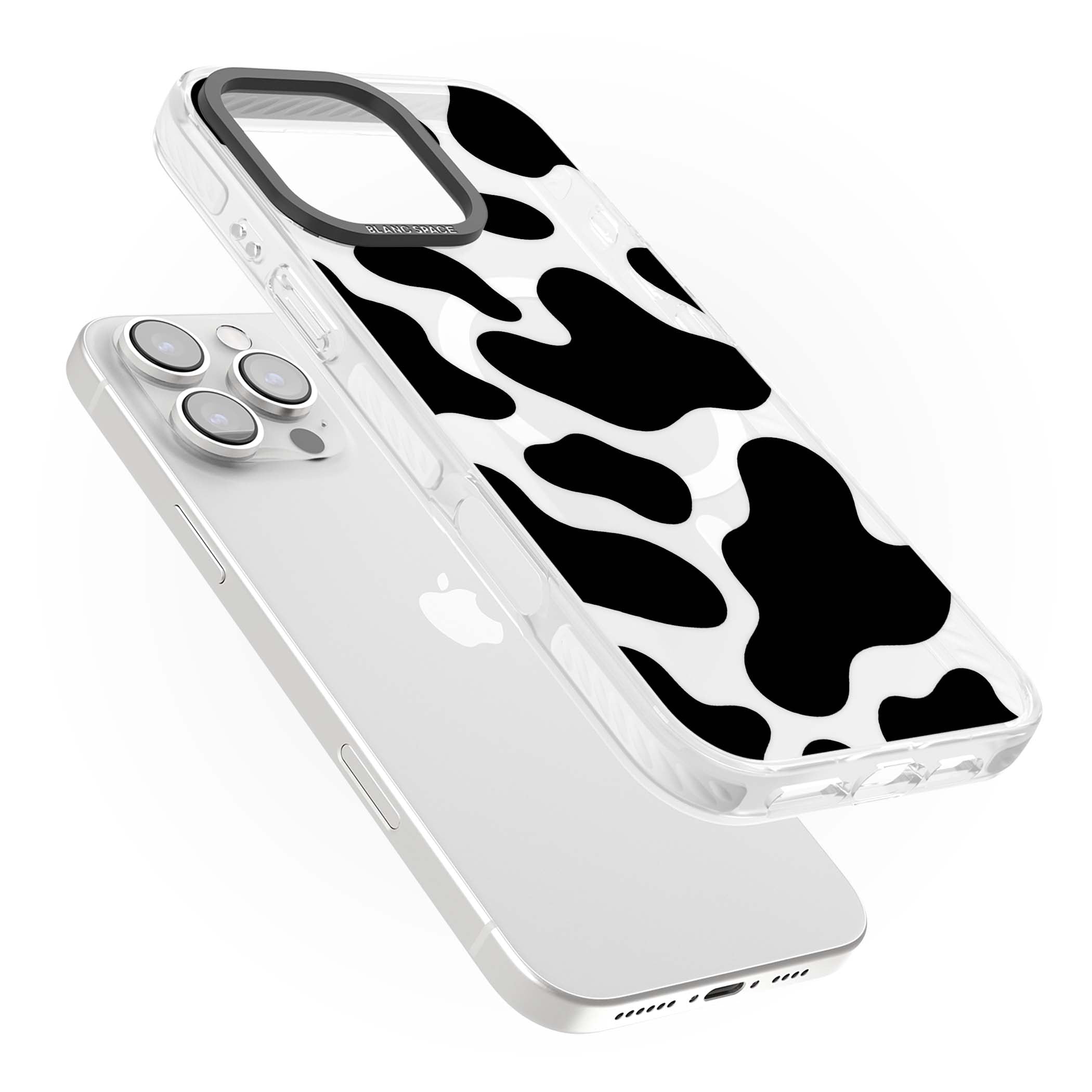Clear Cow Print cow print iPhone case featuring black and white cow pattern splotches on a clear background | Impact Magsafe case for iPhone 16 Pro, iPhone 16 Pro Max