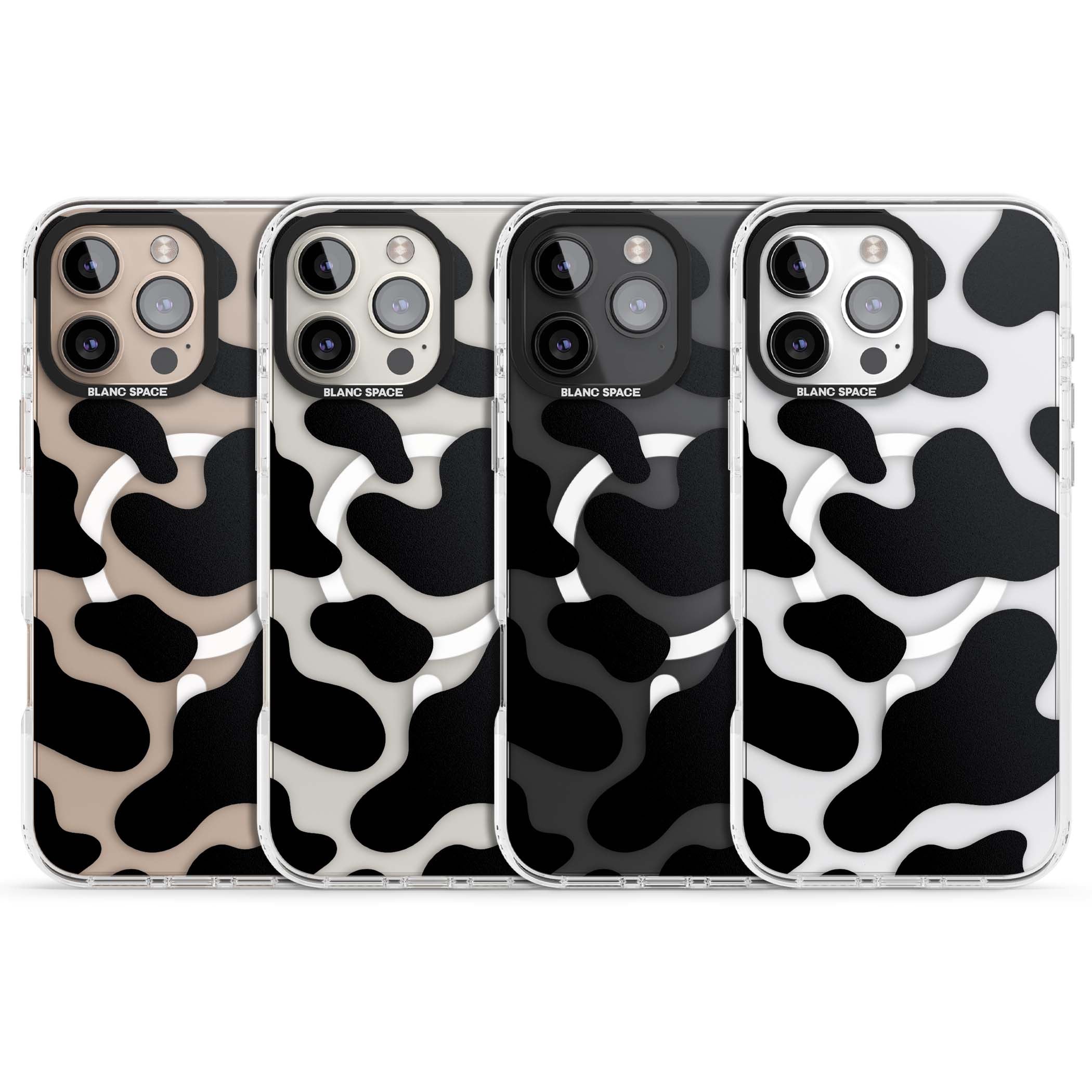 Clear Cow Print cow print iPhone case featuring black and white cow pattern splotches on a clear background | Impact Magsafe case for iPhone 16 Pro, iPhone 16 Pro Max