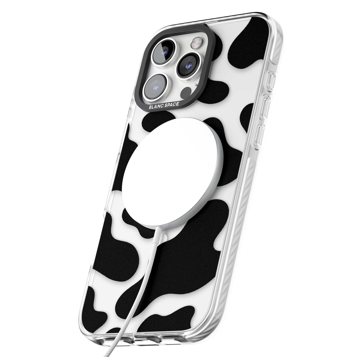 Clear Cow Print cow print iPhone case featuring black and white cow pattern splotches on a clear background | Impact Magsafe case for iPhone 16 Pro, iPhone 16 Pro Max