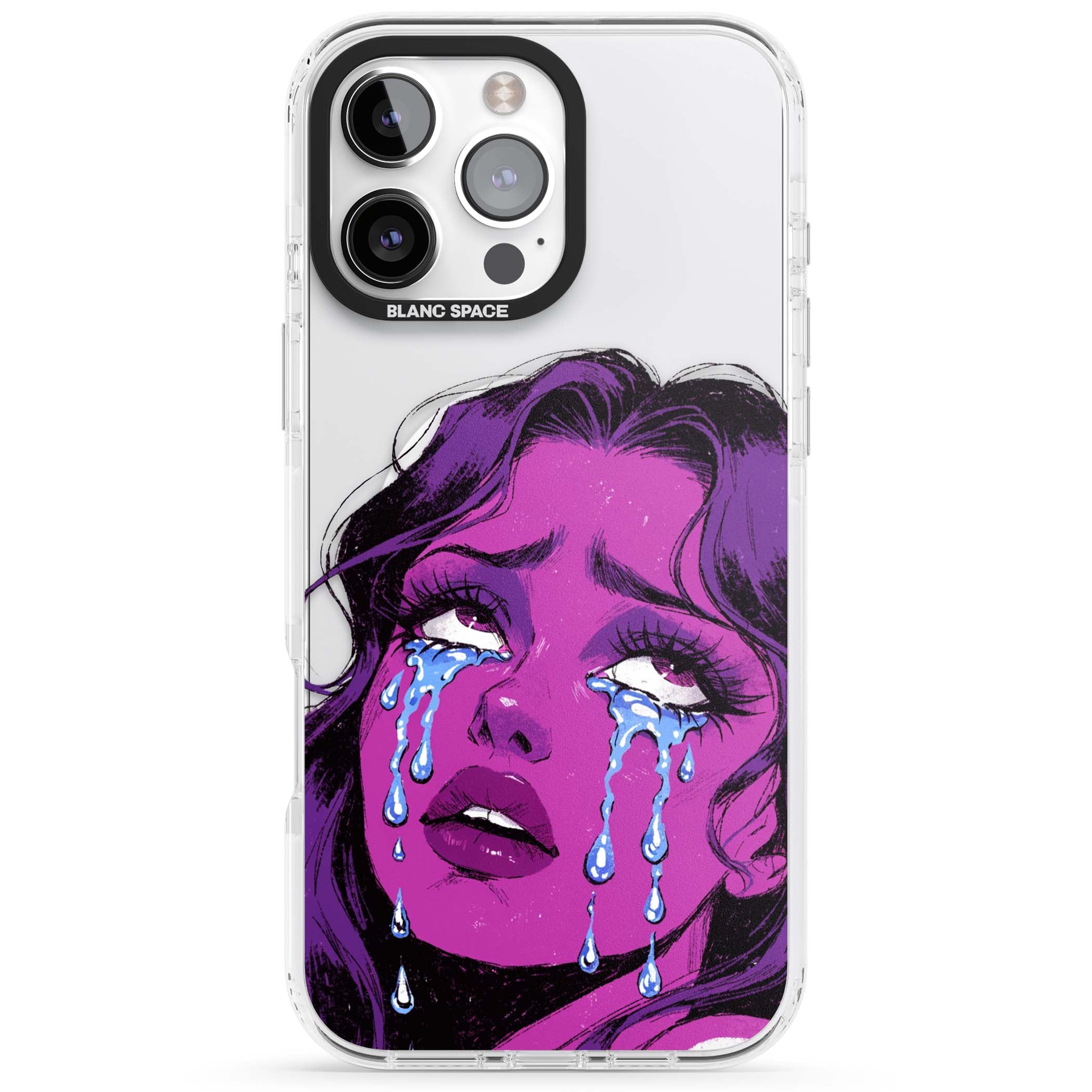 Drama Queen pop art iPhone case featuring a purple crying comic girl with blue tears | Impact Magsafe case for iPhone 16 Pro, iPhone 16 Pro Max