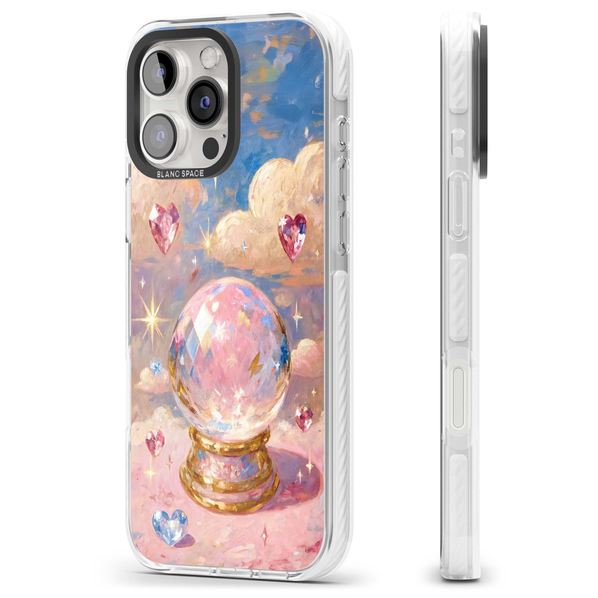 Crystal Ball fairycore iPhone case featuring a painted crystal ball, heart gemstones, and pastel clouds | Impact Magsafe case for iPhone 16 Pro, iPhone 16 Pro Max