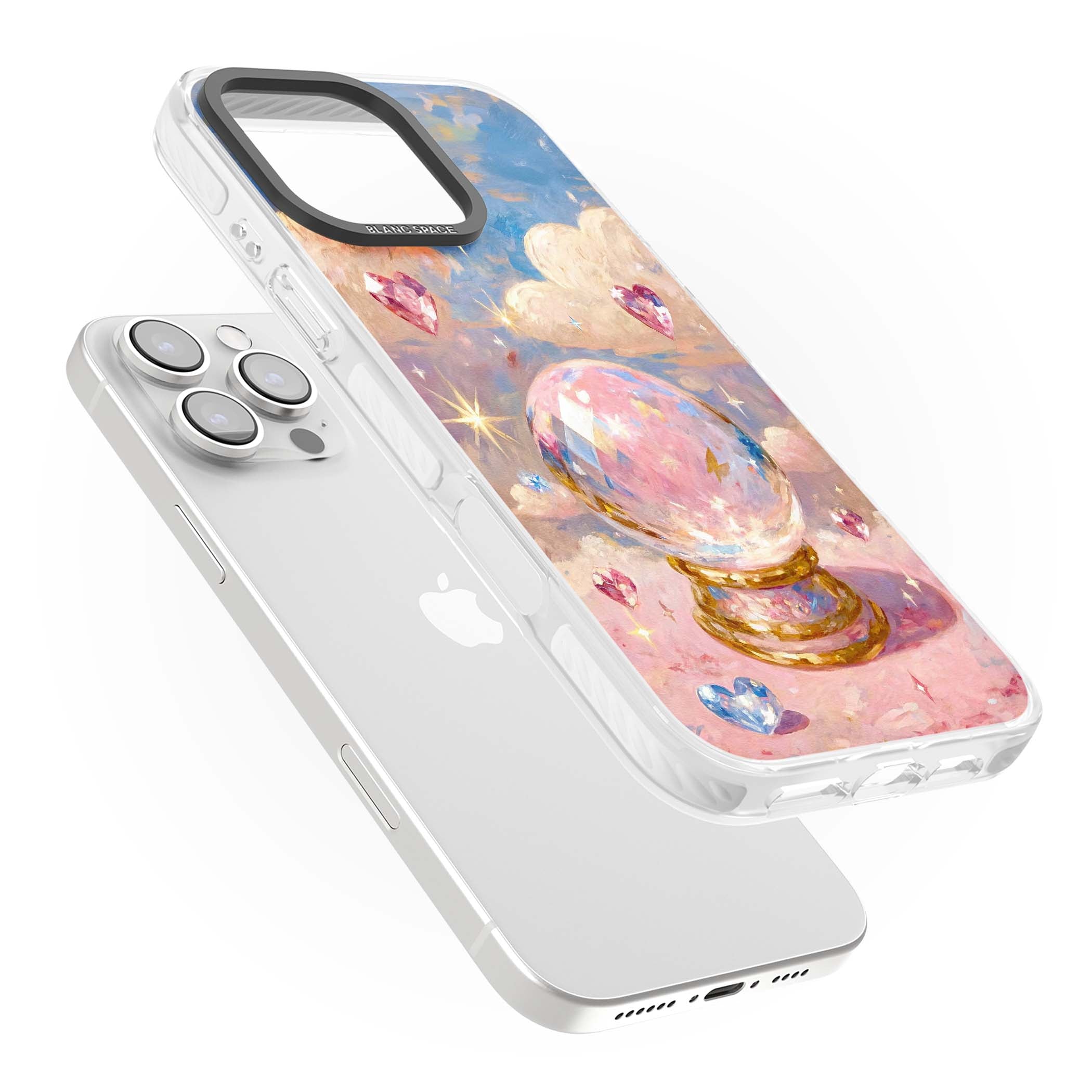 Crystal Ball fairycore iPhone case featuring a painted crystal ball, heart gemstones, and pastel clouds | Impact Magsafe case for iPhone 16 Pro, iPhone 16 Pro Max