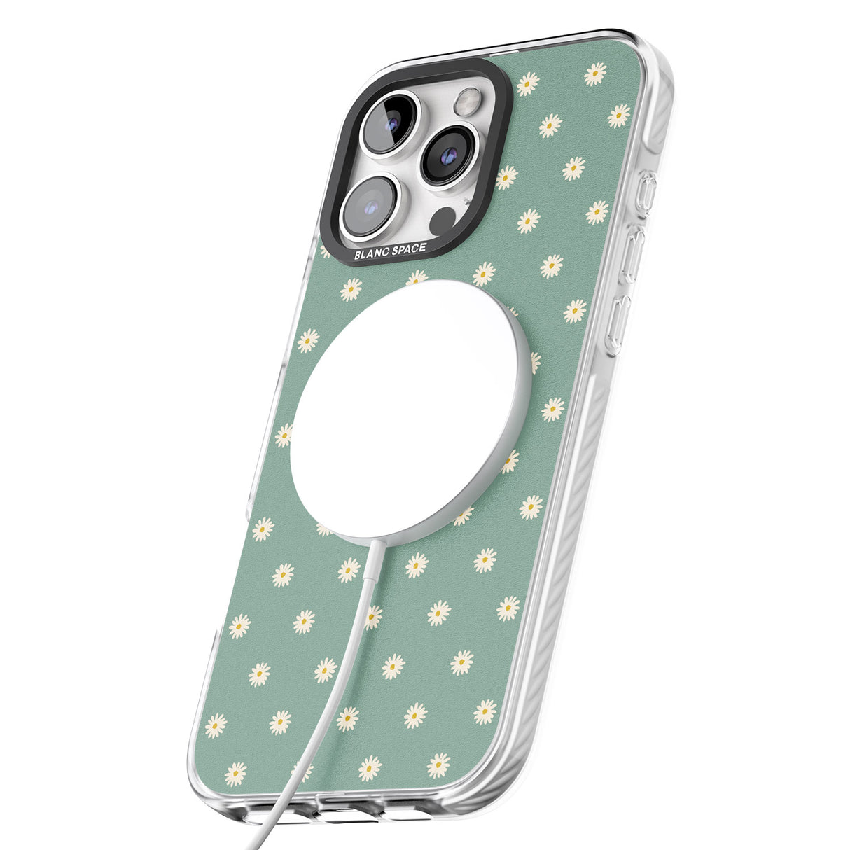 iPhone 16 Pro Max Daisy Pattern Teal Cute Floral Black Impact Phone Case