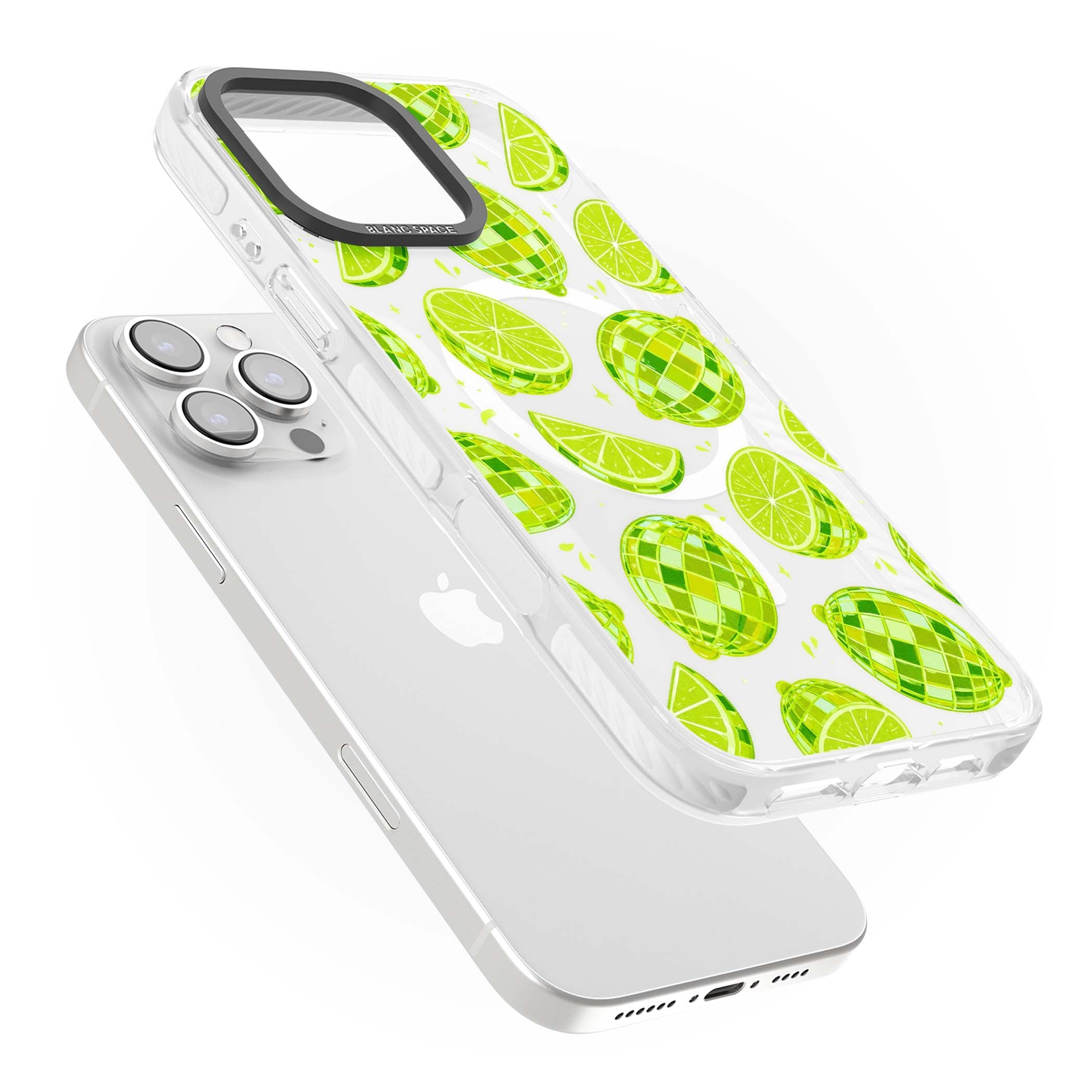 Disco Limes fruit aesthetic iPhone case featuring green disco balls, lime slices and citrus sparkles | Impact Magsafe case for iPhone 16 Pro, iPhone 16 Pro Max