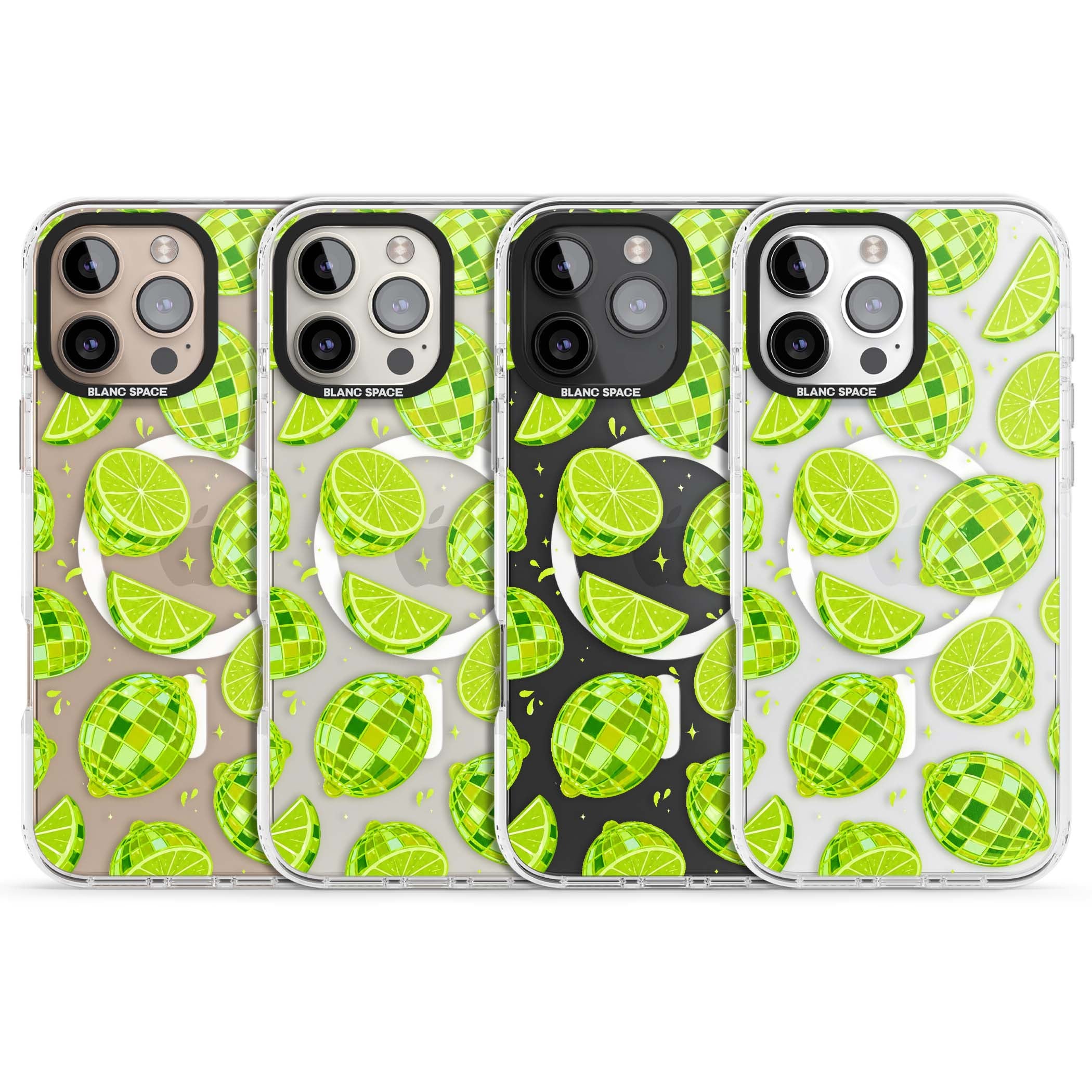 Disco Limes fruit aesthetic iPhone case featuring green disco balls, lime slices and citrus sparkles | Impact Magsafe case for iPhone 16 Pro, iPhone 16 Pro Max