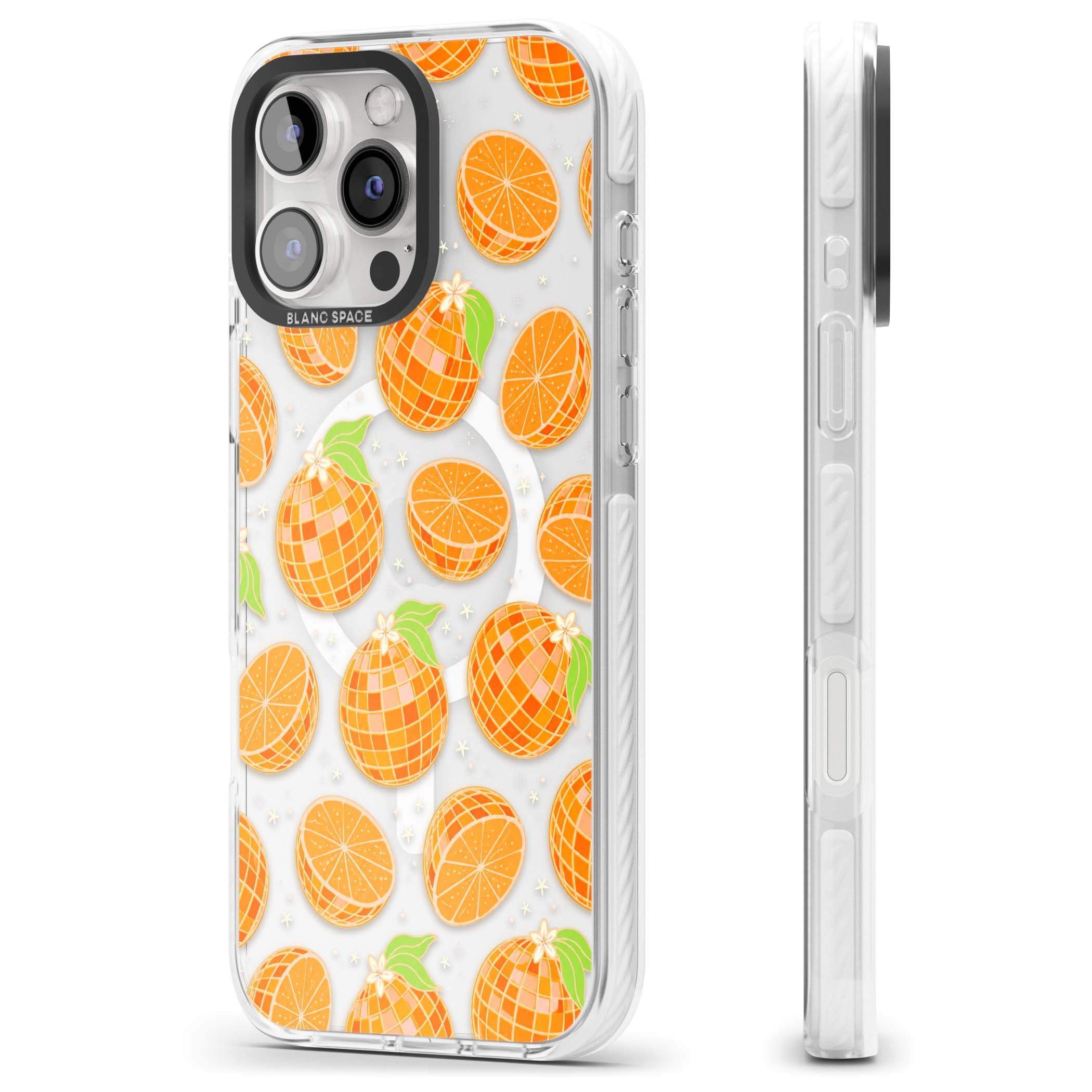 Disco Oranges retro iPhone case featuring mirrorball oranges, citrus slices and tiny blossoms on clear | Impact Magsafe case for iPhone 16 Pro, iPhone 16 Pro Max