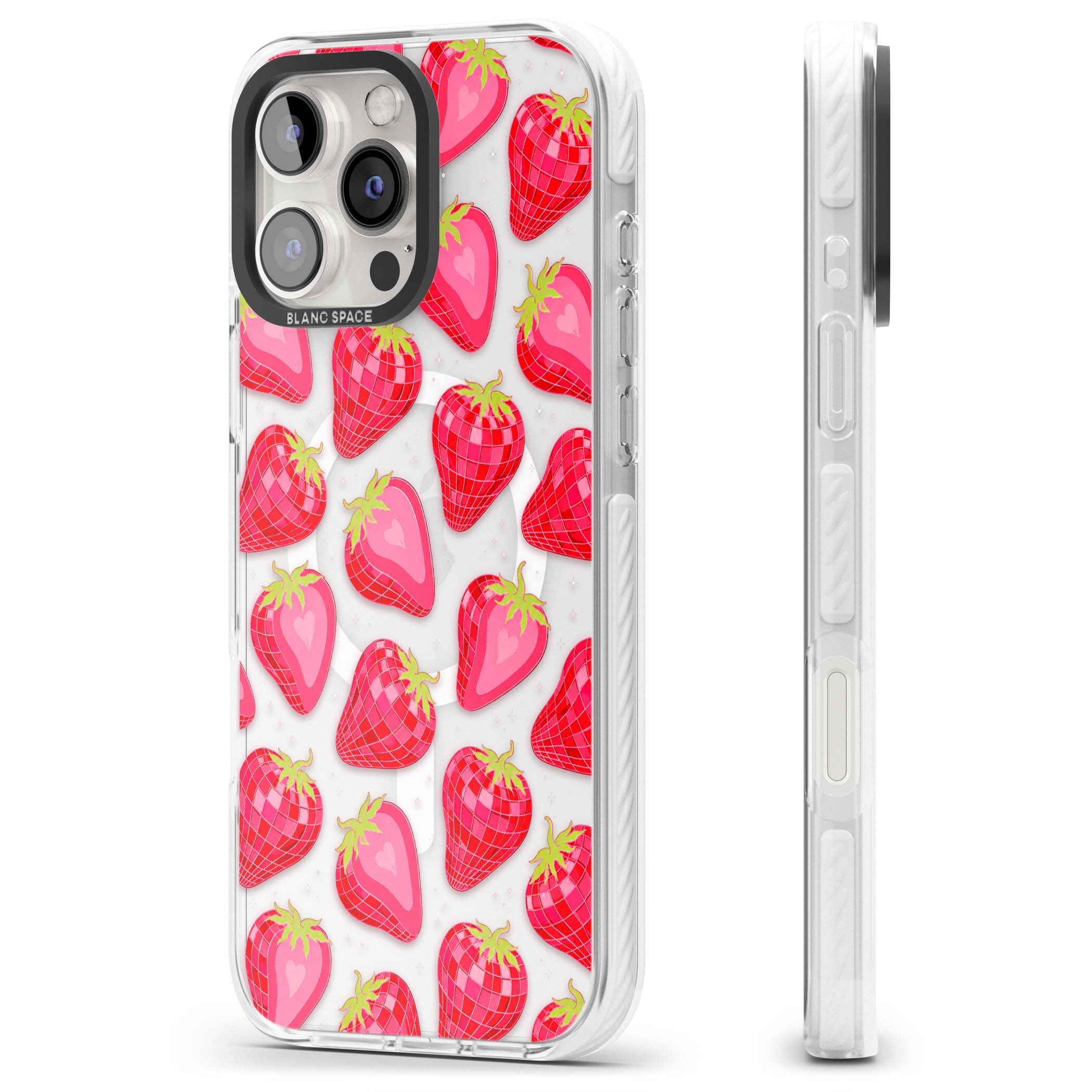 Disco Strawberry Y2K iPhone case featuring pink disco-ball strawberries, green leaves and tiny sparkles | Impact Magsafe case for iPhone 16 Pro, iPhone 16 Pro Max