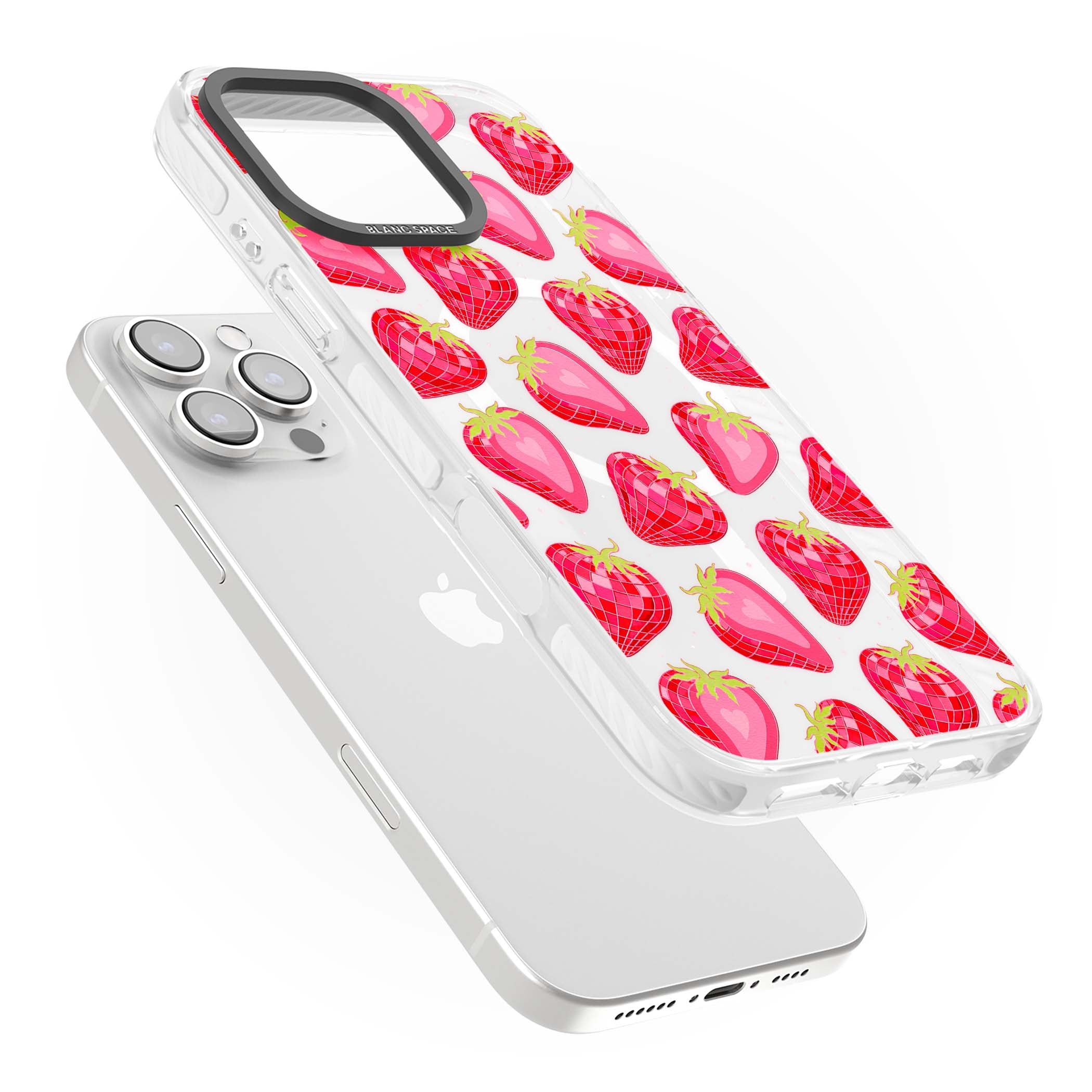 Disco Strawberry Y2K iPhone case featuring pink disco-ball strawberries, green leaves and tiny sparkles | Impact Magsafe case for iPhone 16 Pro, iPhone 16 Pro Max