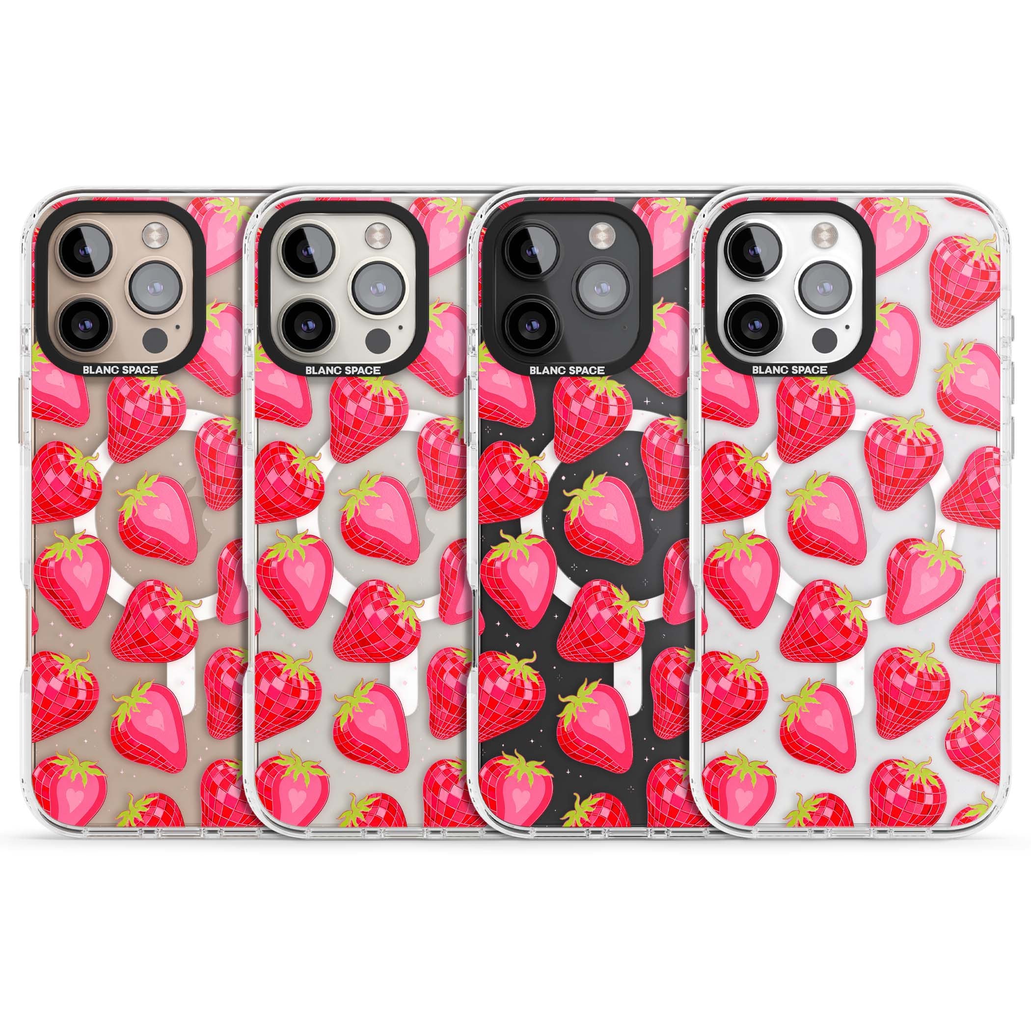 Disco Strawberry Y2K iPhone case featuring pink disco-ball strawberries, green leaves and tiny sparkles | Impact Magsafe case for iPhone 16 Pro, iPhone 16 Pro Max