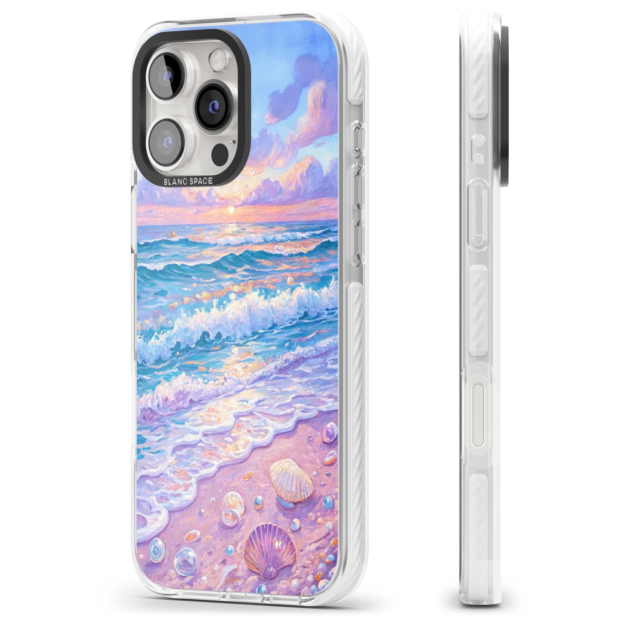 Pearl Shore coastal iPhone case featuring pastel painted waves, seashells, and a sunrise sky over a lavender beach. | Impact Magsafe case for iPhone 16 Pro, iPhone 16 Pro Max
