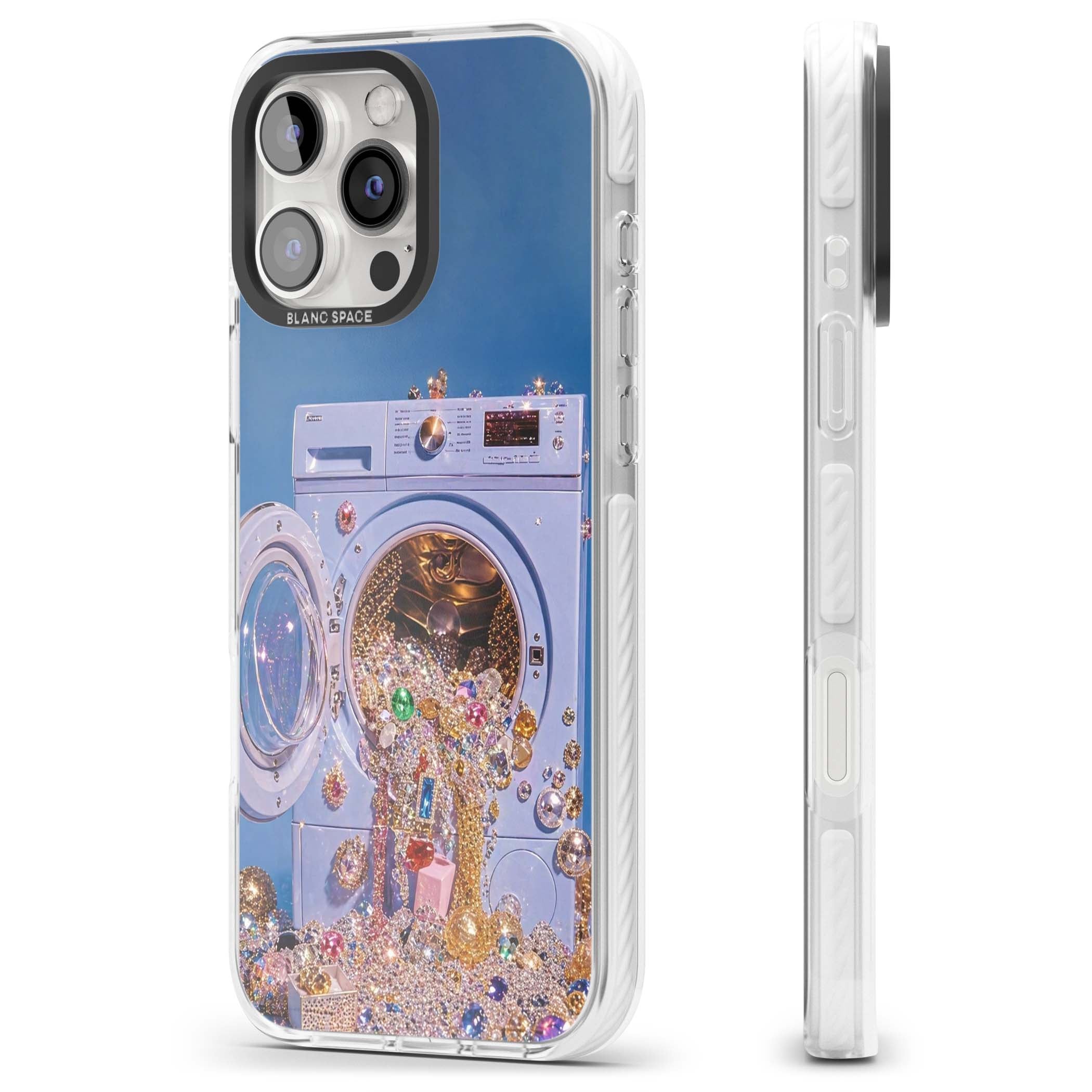 Gem Laundry baddie iPhone case featuring a surreal washing machine overflowing with colourful gemstones and crystals | Impact Magsafe case for iPhone 16 Pro, iPhone 16 Pro Max