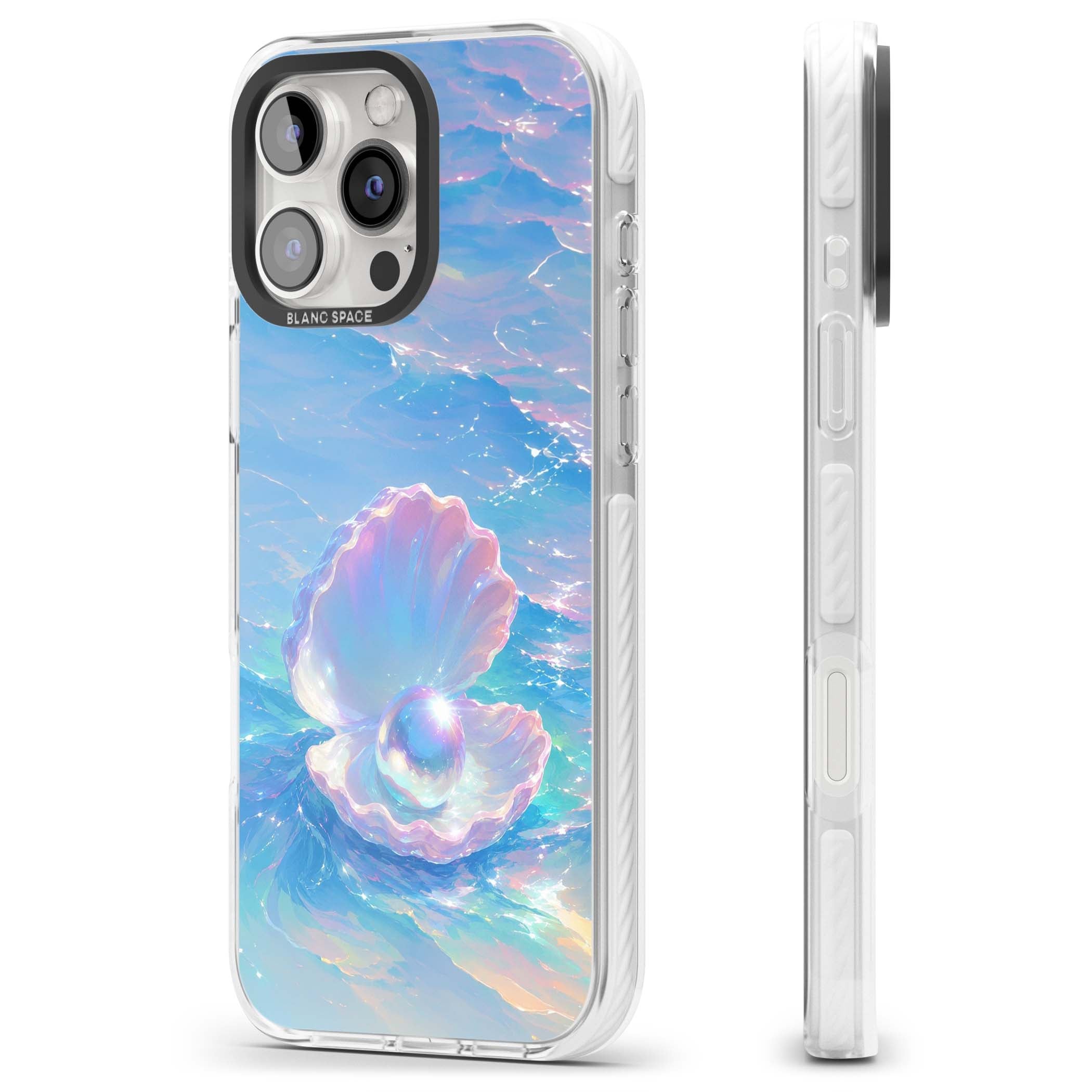 The Pearl Clam mermaidcore iPhone case featuring iridescent seashell, glowing pearl and pastel ocean waves | Impact Magsafe case for iPhone 16 Pro, iPhone 16 Pro Max