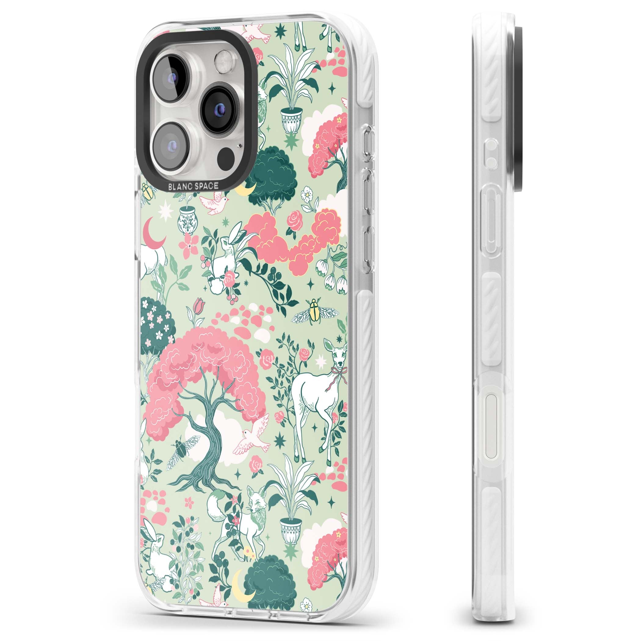 Enchanted Woodland cottagecore iPhone case featuring white deer, pink roses, mushrooms and woodland animals on sage green | Impact Magsafe case for iPhone 16 Pro, iPhone 16 Pro Max