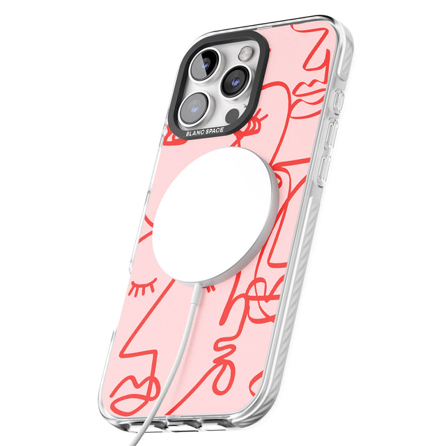 iPhone 16 Pro Max Abstract Continuous Line Faces Red on Pink Black Impact Phone Case