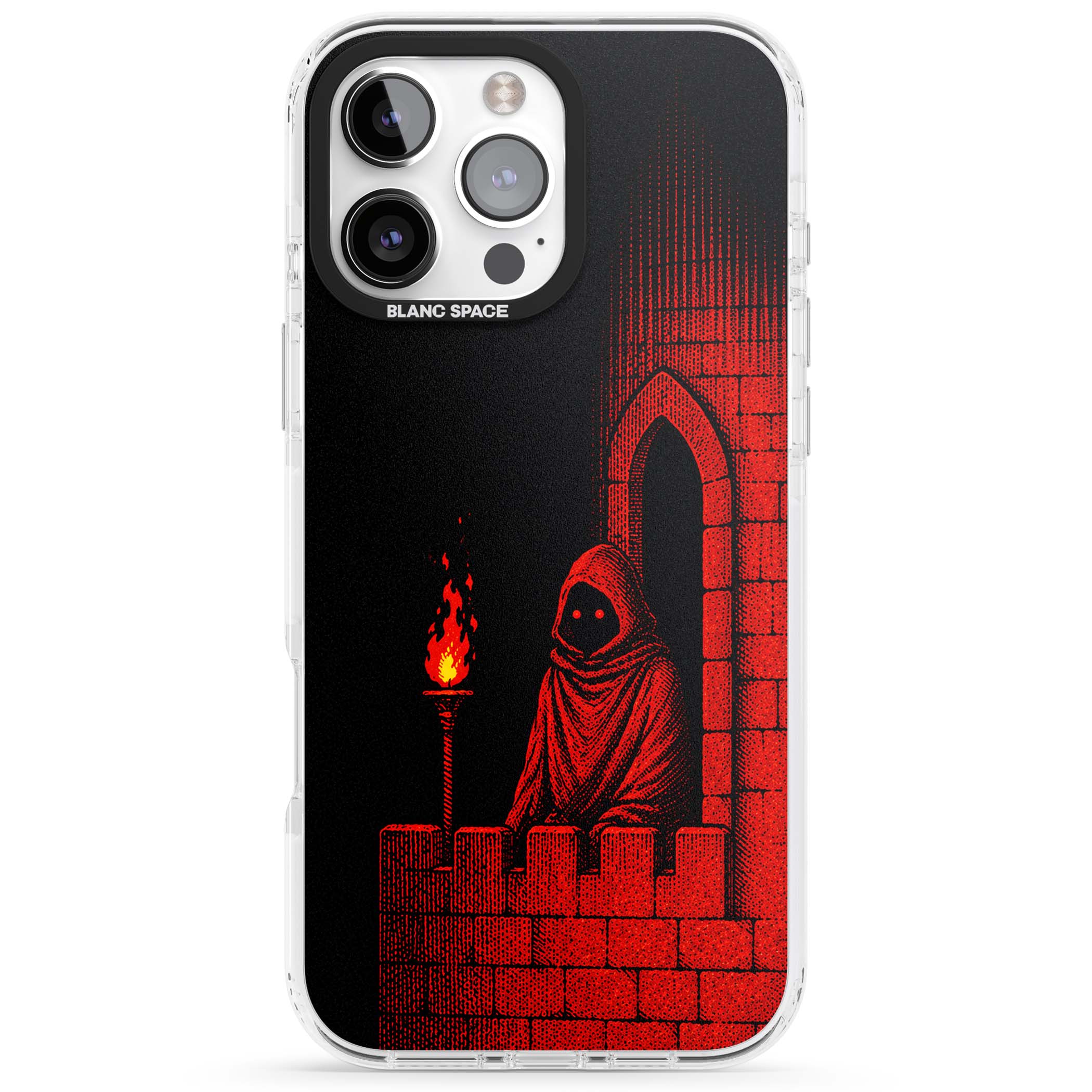 Crimson Crypt gothic iPhone case featuring a hooded reaper, torchlit crypt archway and red halftone horror art | Impact Magsafe case for iPhone 16 Pro, iPhone 16 Pro Max