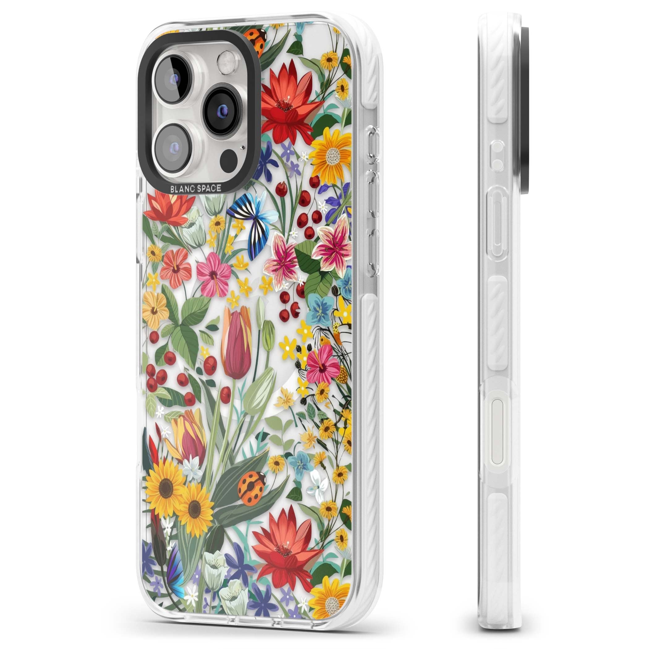 Botanical Bloom cottagecore iPhone case featuring colorful wildflowers, sunflowers, and ladybugs on clear background | Impact Magsafe case for iPhone 16 Pro, iPhone 16 Pro Max